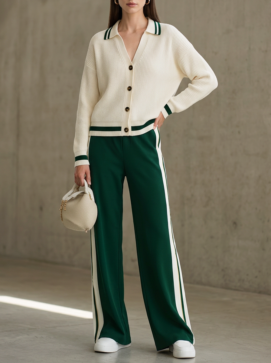 Off-white Knit Cardigan And Green Wide-leg Trousers Set