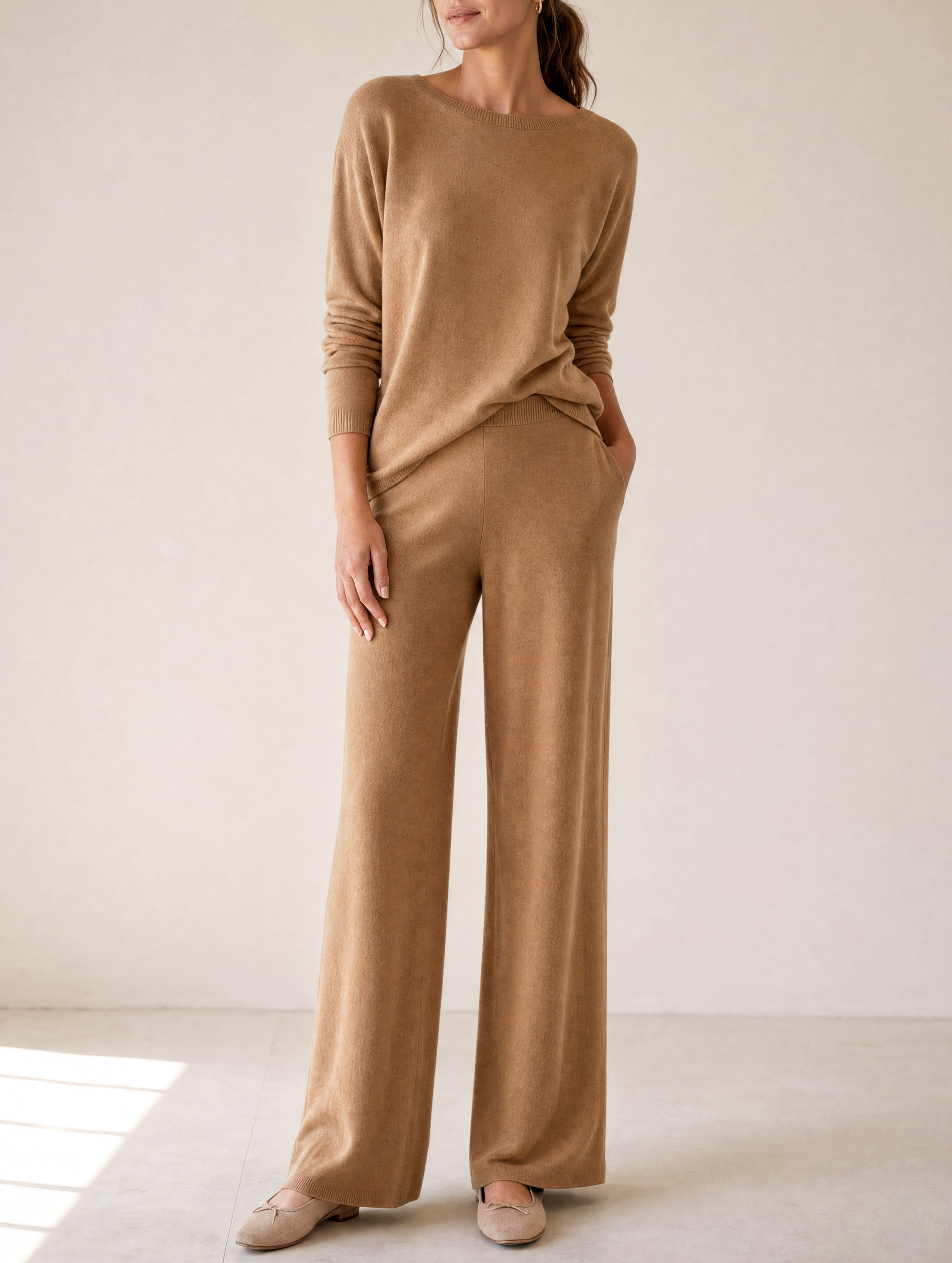 Caramel-colored Soft Knit Top And Wide-leg Pants Set