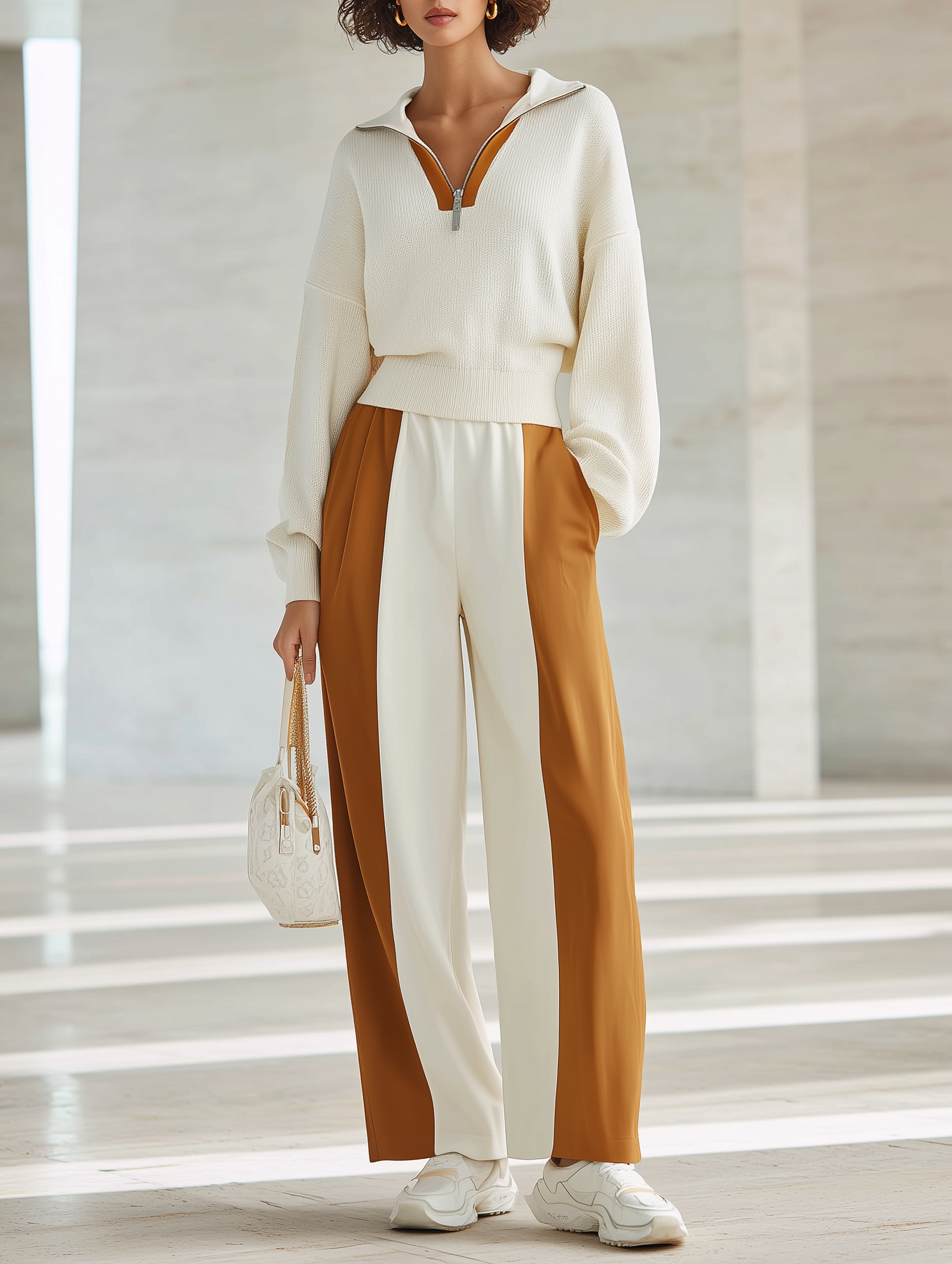 Off-white Half-zip Knit Top And Color-block Wide-leg Trousers Set