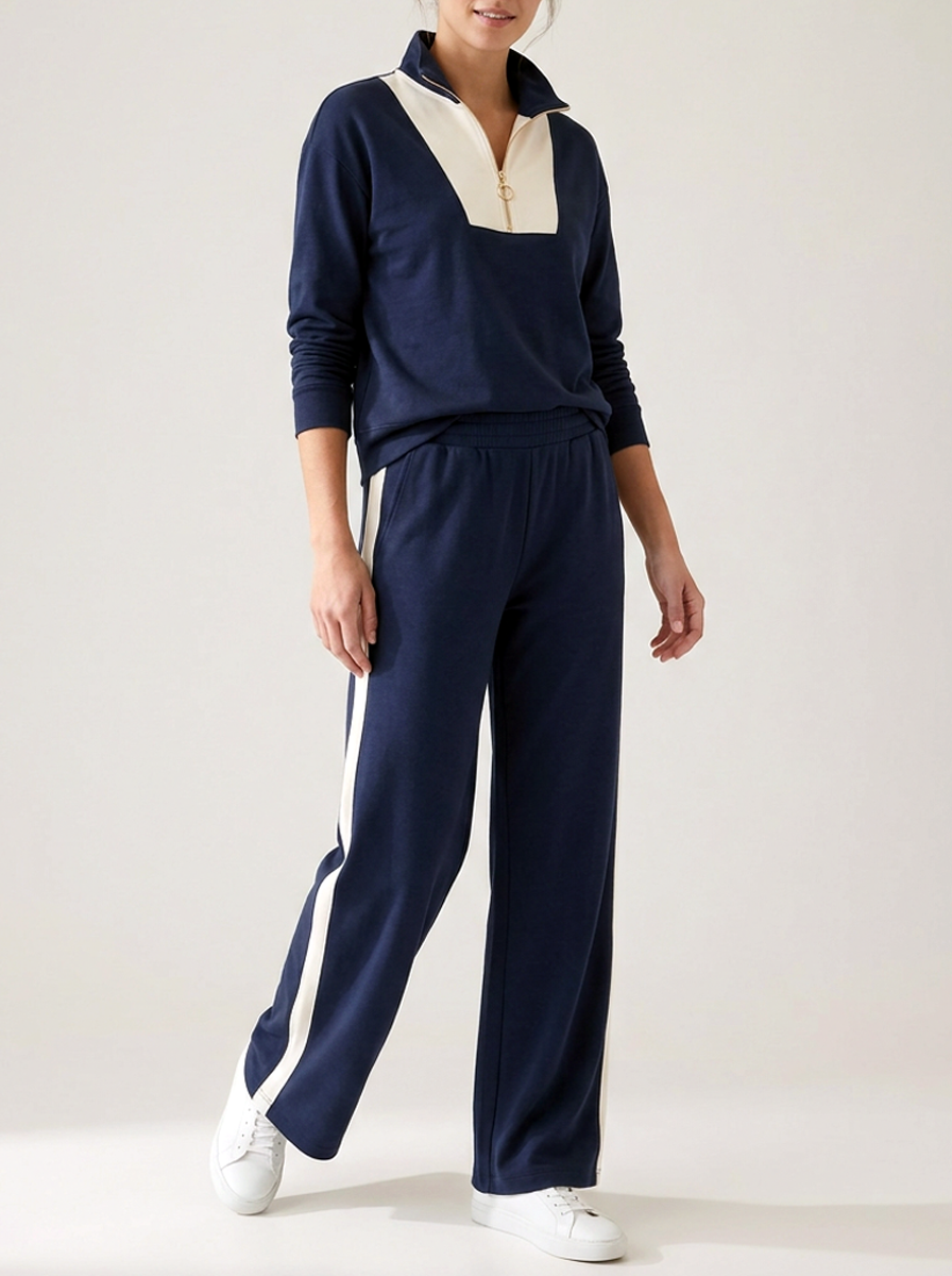 Navy Color-Block Half-Zip Sweatshirt And Wide-Leg Sweatpants Set