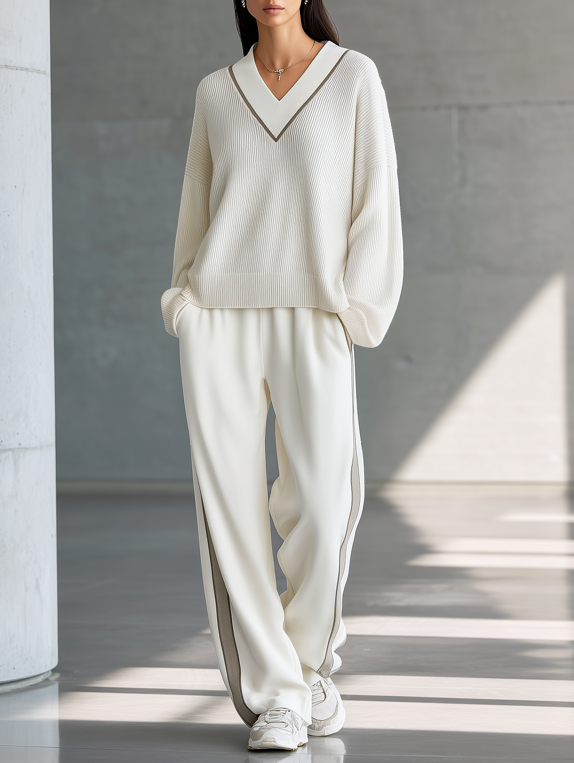 Off-white Wide V-neck Knit Top And Grey Striped Loose-fit Trousers Set