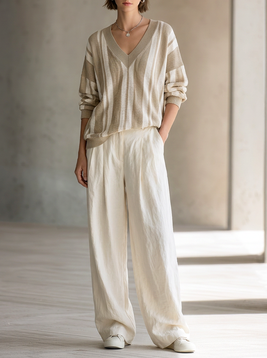 Khaki Striped V-Neck Knit Top And Wide-Leg Pants Set