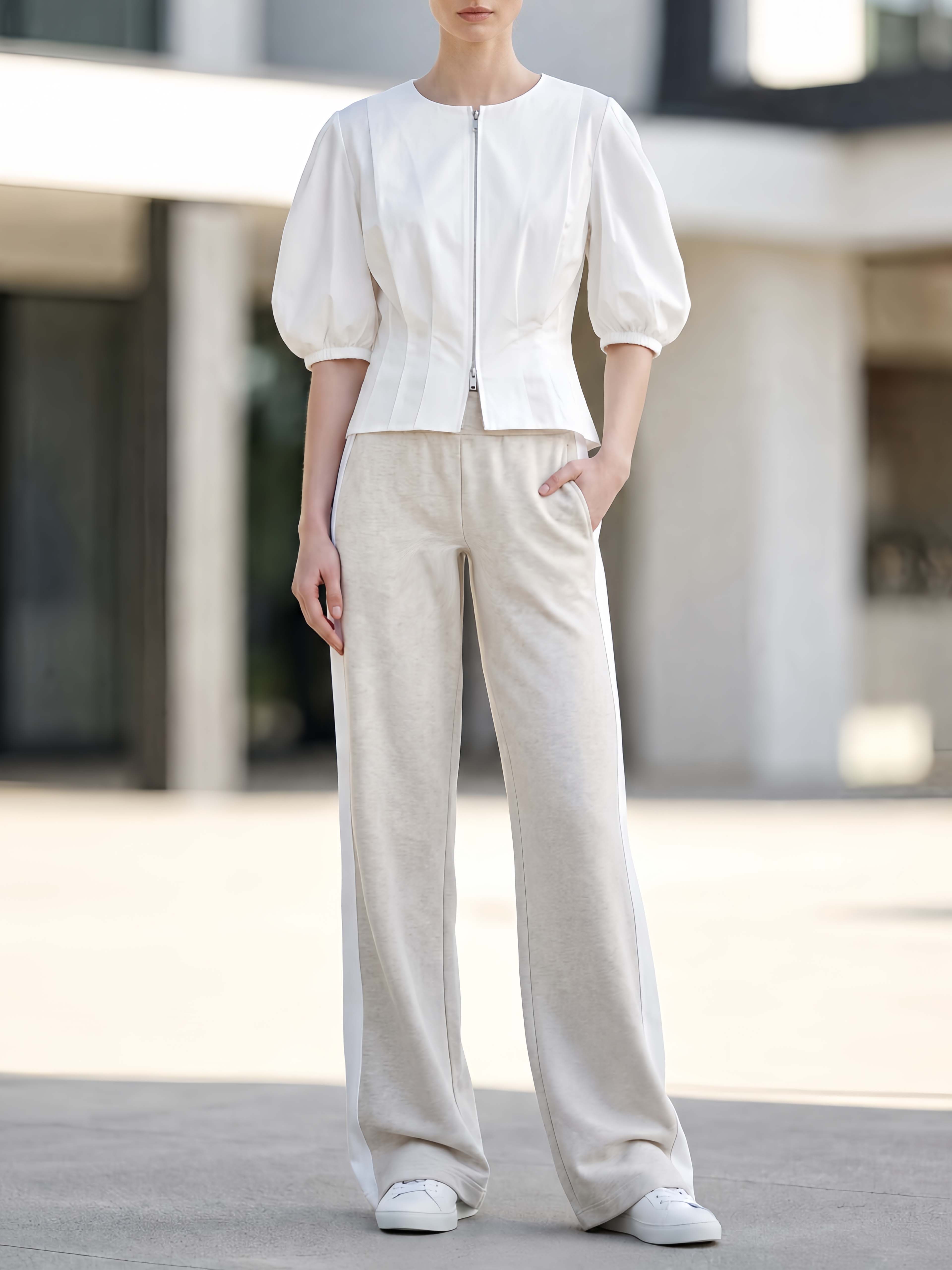 Chic And Minimalist White Mid-sleeve Top And Oatmeal-colored Trousers Set