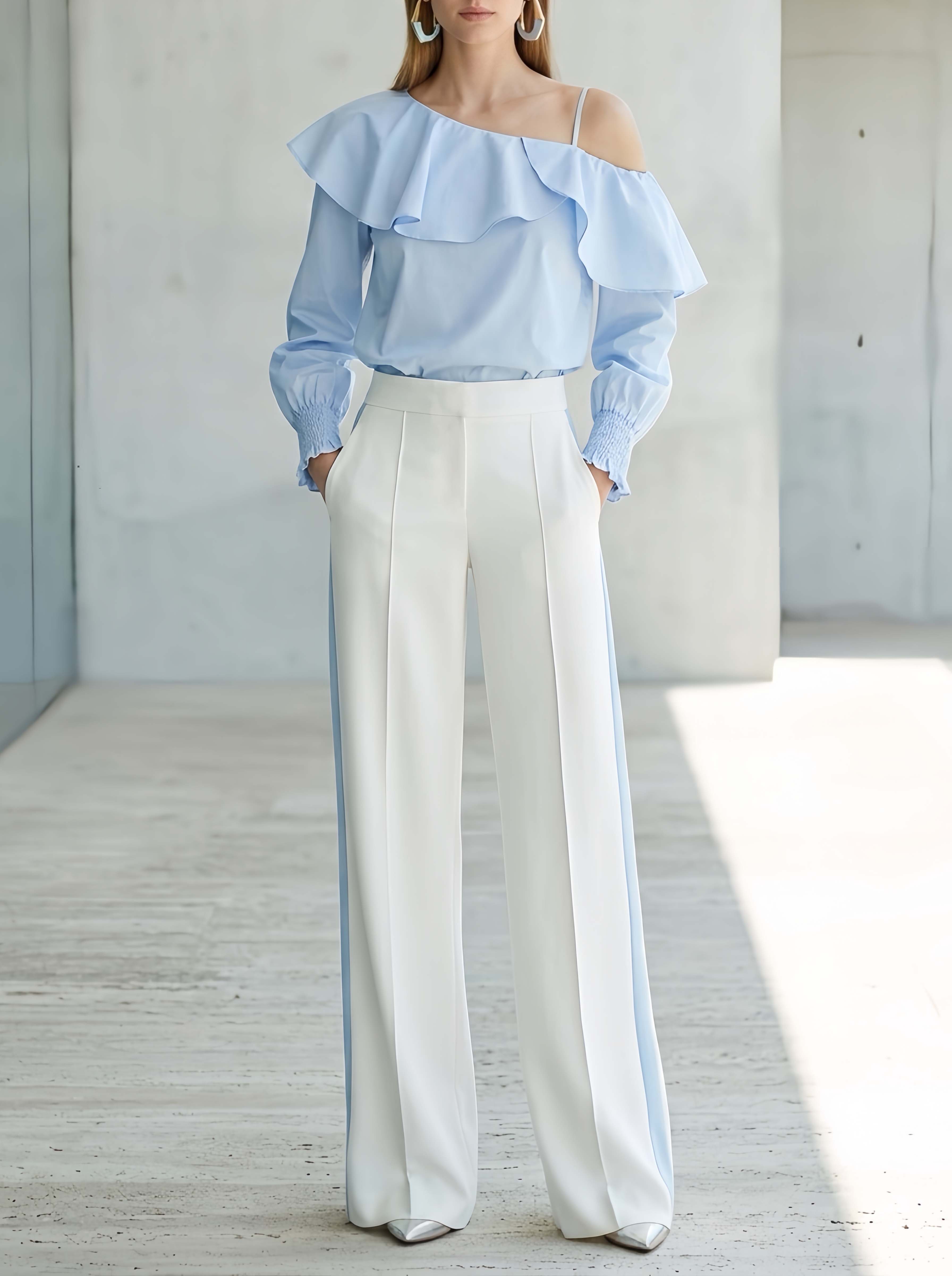 Chic And Minimalist Work-Ready Set: Light Blue Ruffled Off-Shoulder Top And Color-Block Trousers