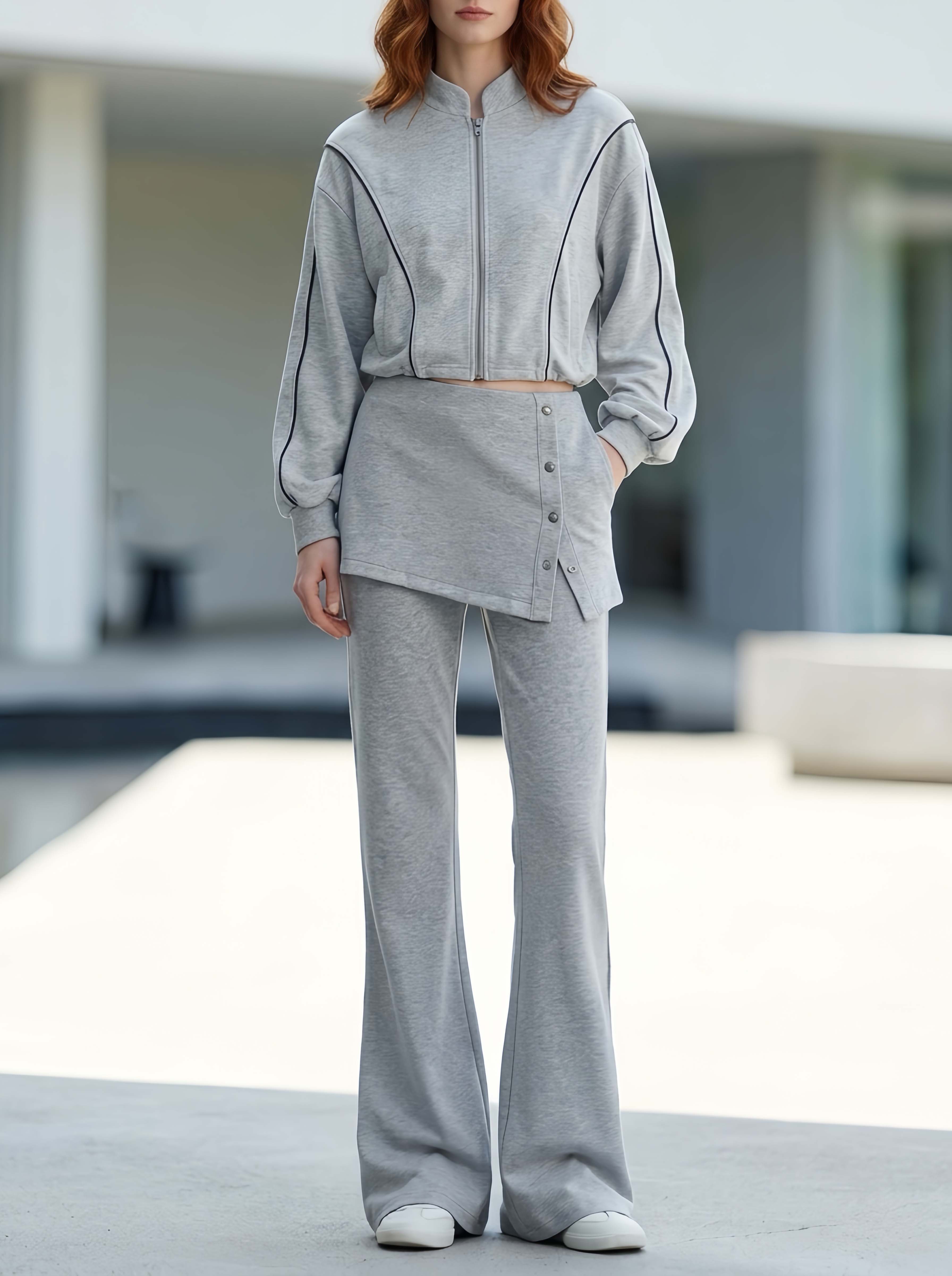 Stylish Grey Sporty Long-sleeve Jacket And Trousers Set
