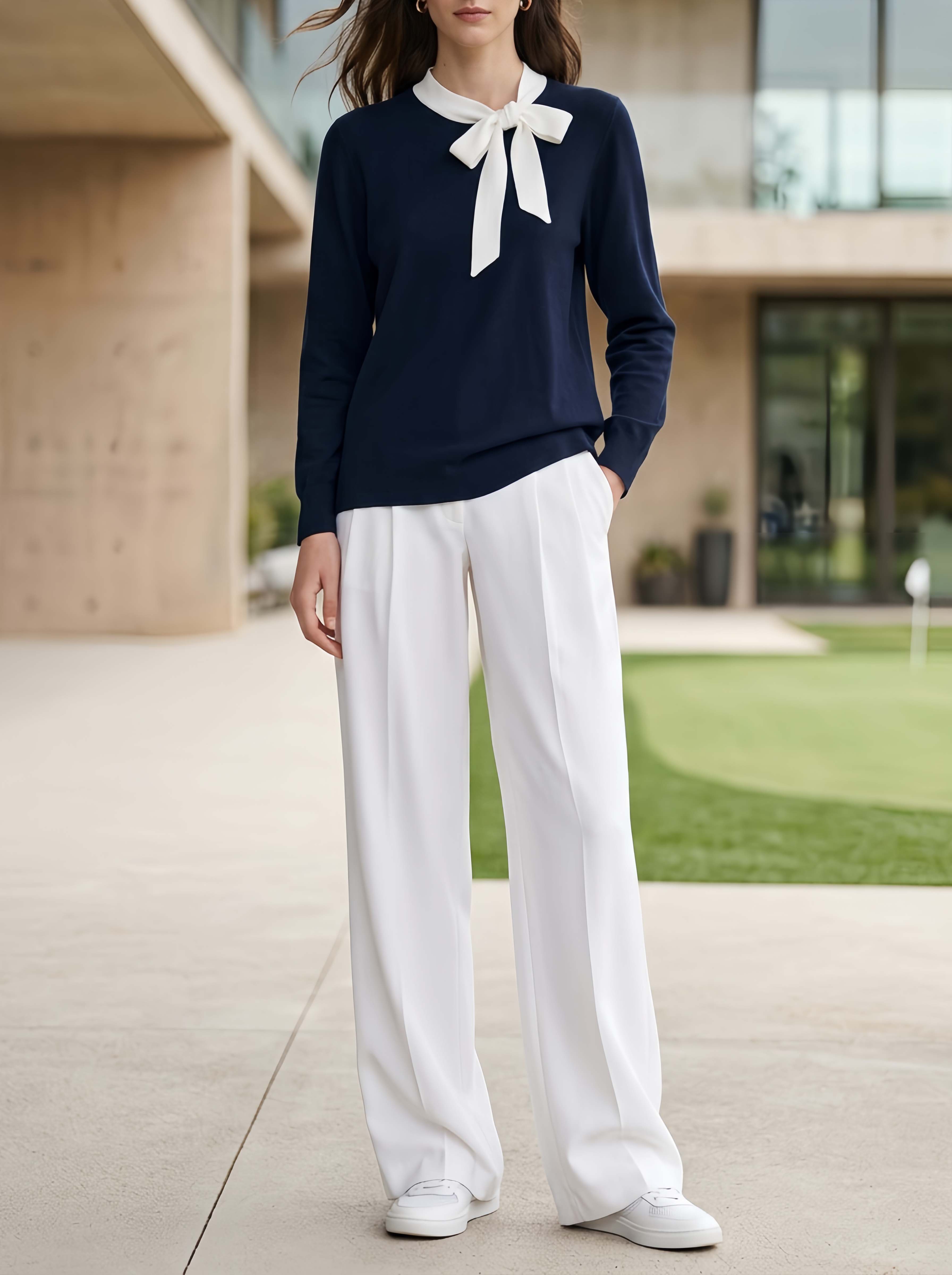 Athleisure-style Navy Long-sleeved Top And White Trousers Set