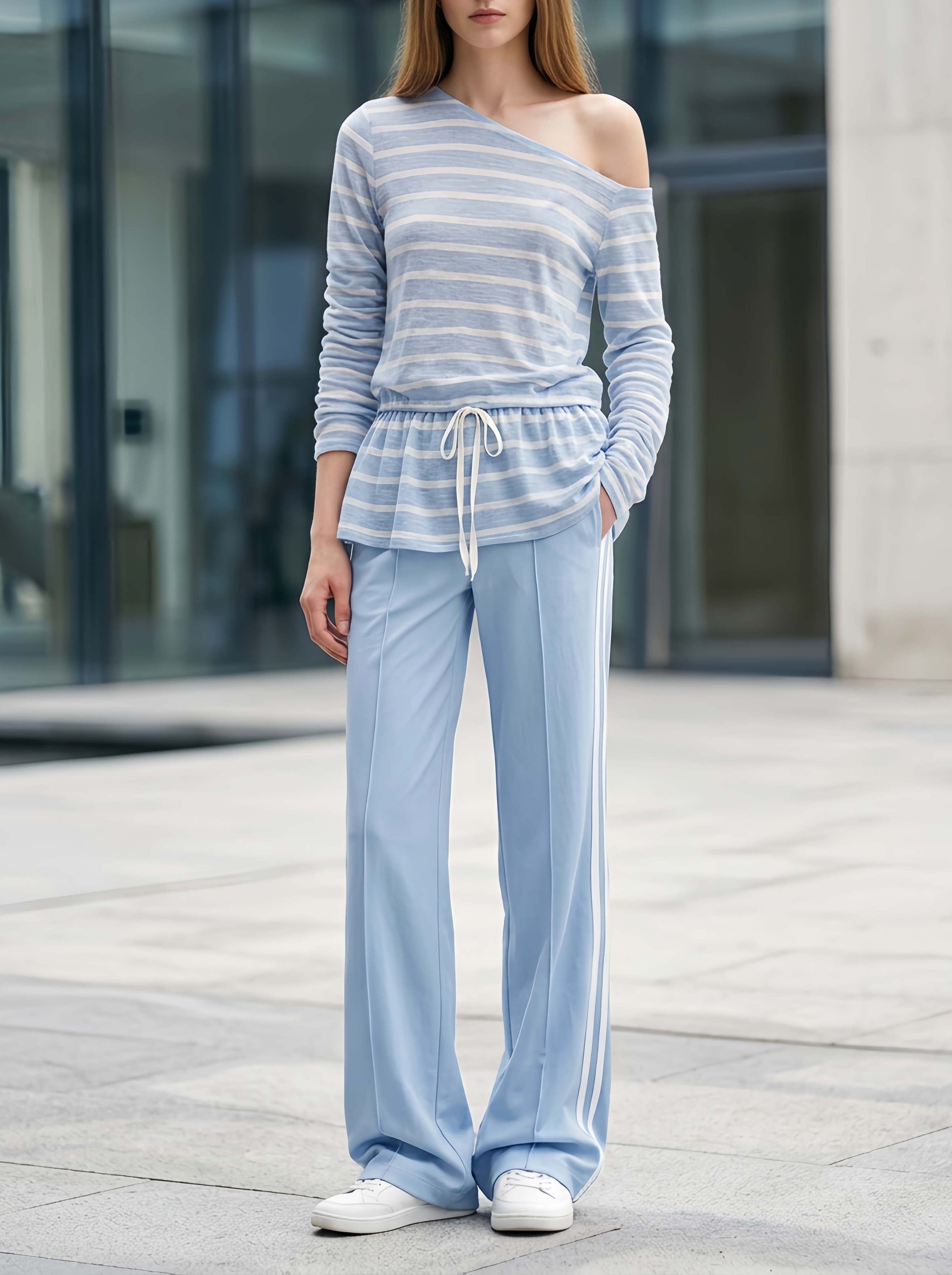 Stylish Casual Blue And White Striped Off-Shoulder Top And Pants Set