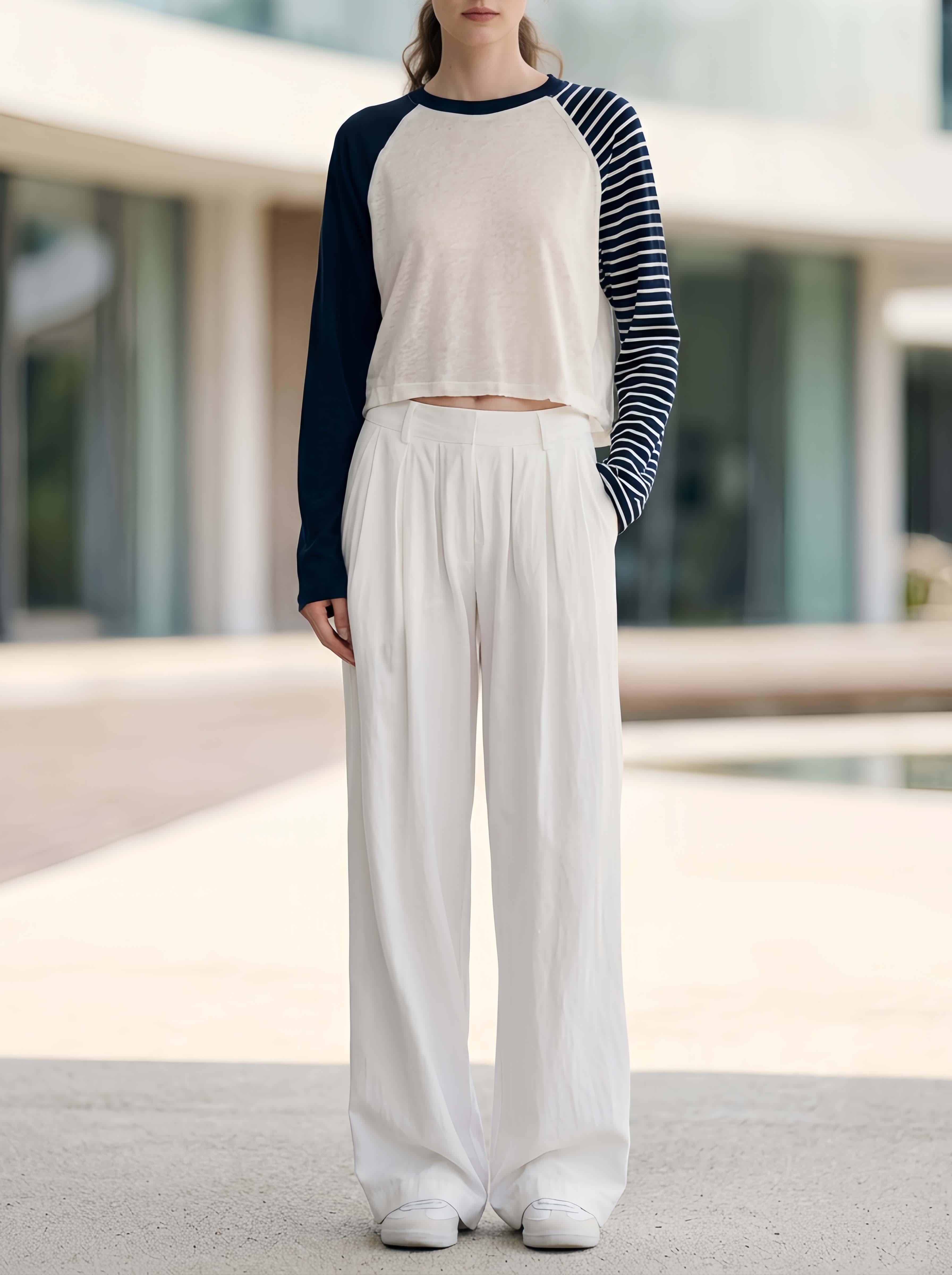 Stylish Casual Black And White Striped Color-Block Long-Sleeve Top And Pants Set
