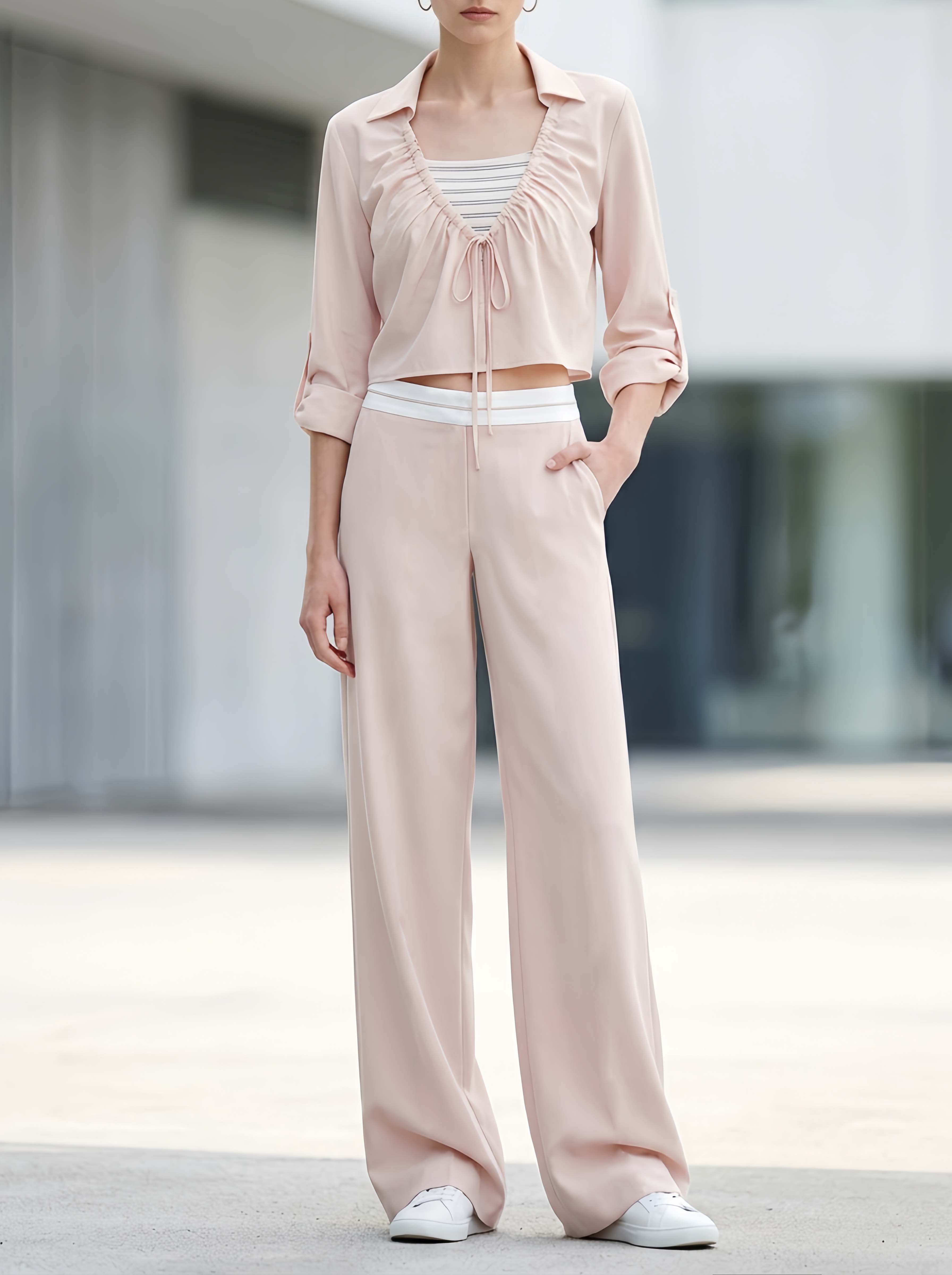 Stylish Pink V-Neck Collared Top And Trousers Set For Work