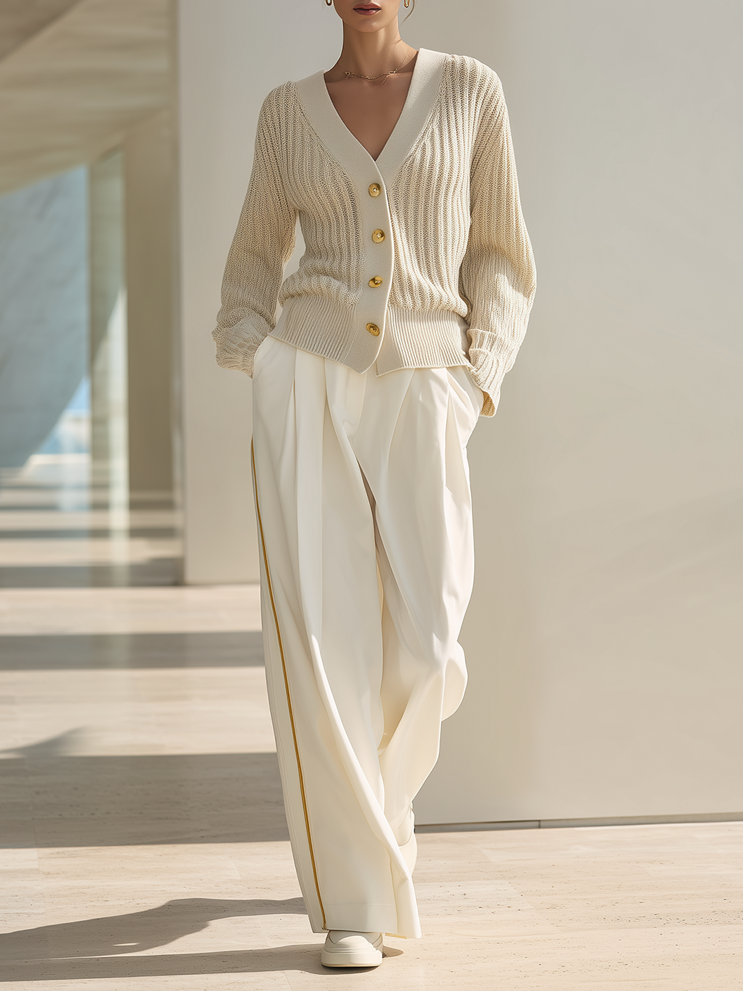 Oatmeal V-neck Button-front Knit Cardigan And Side-stripe Wide-leg Trousers Set