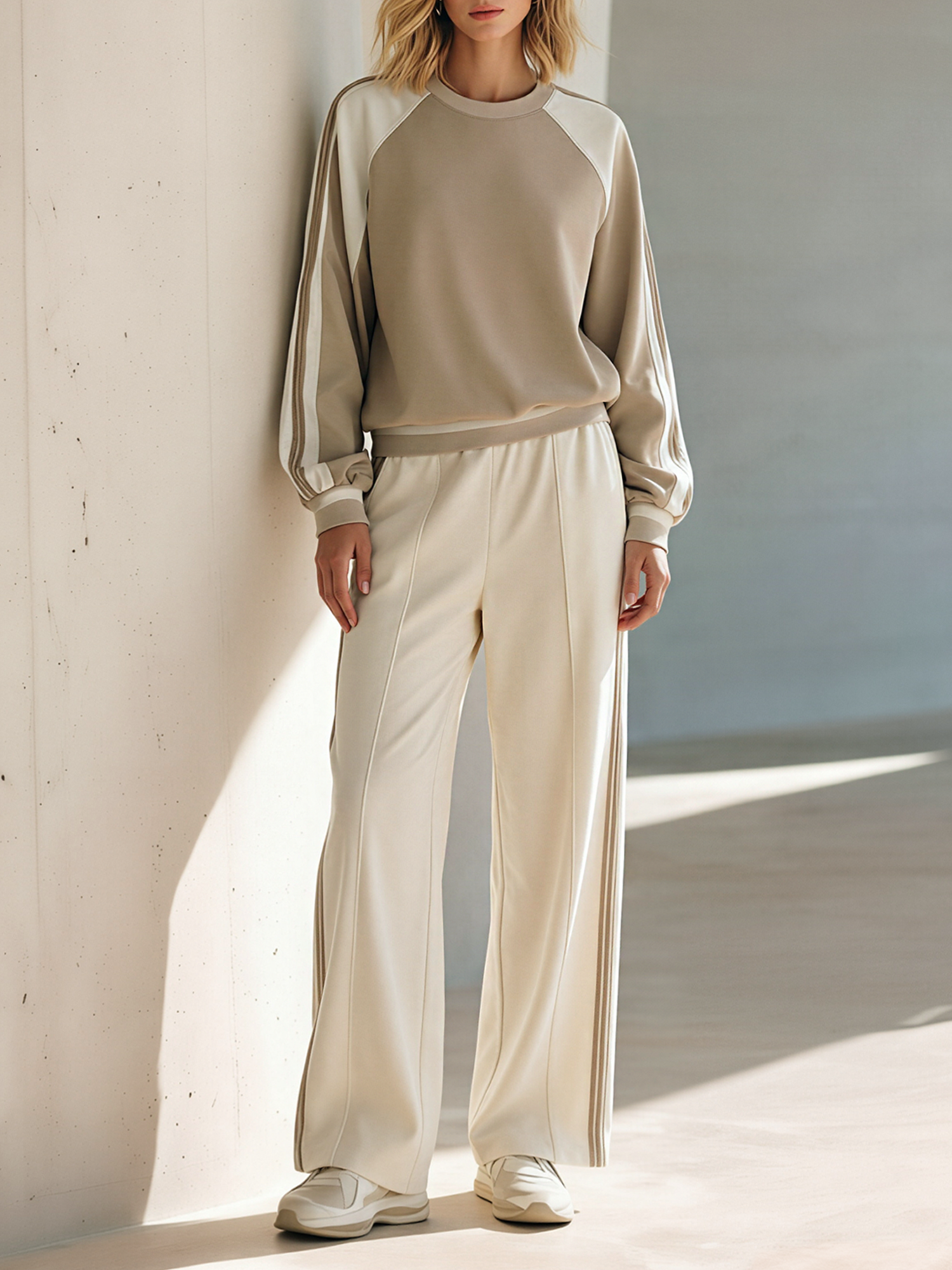 Khaki Off-White Raglan Crew Top & Side Stripe Wide-Leg Pants Set