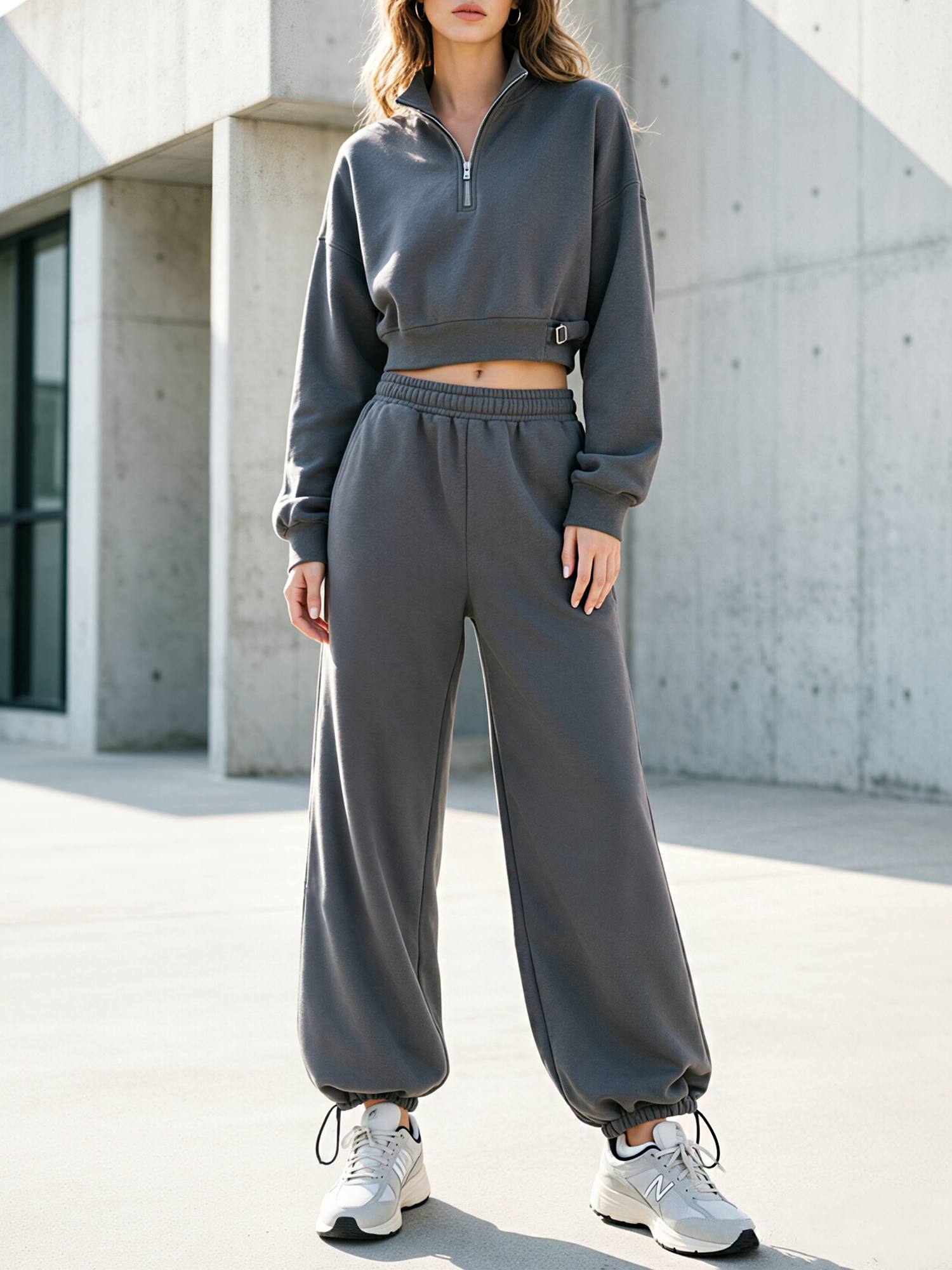 Dark Gray Half-Zip Waist Crop Top & Drawstring Jogger Pants Set