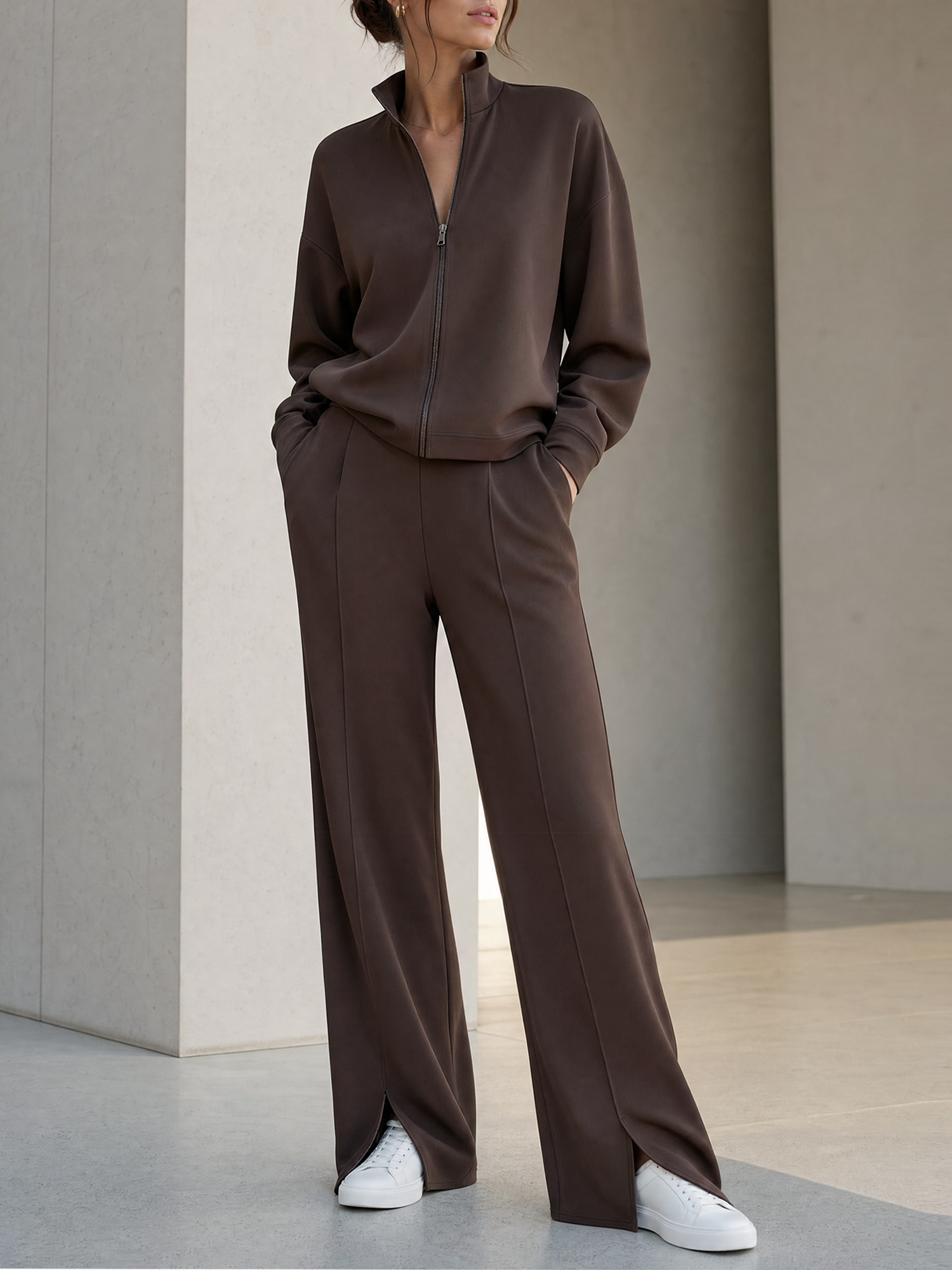Brown Full-zip Mock-neck Top And Split-leg Wide-leg Trousers Set
