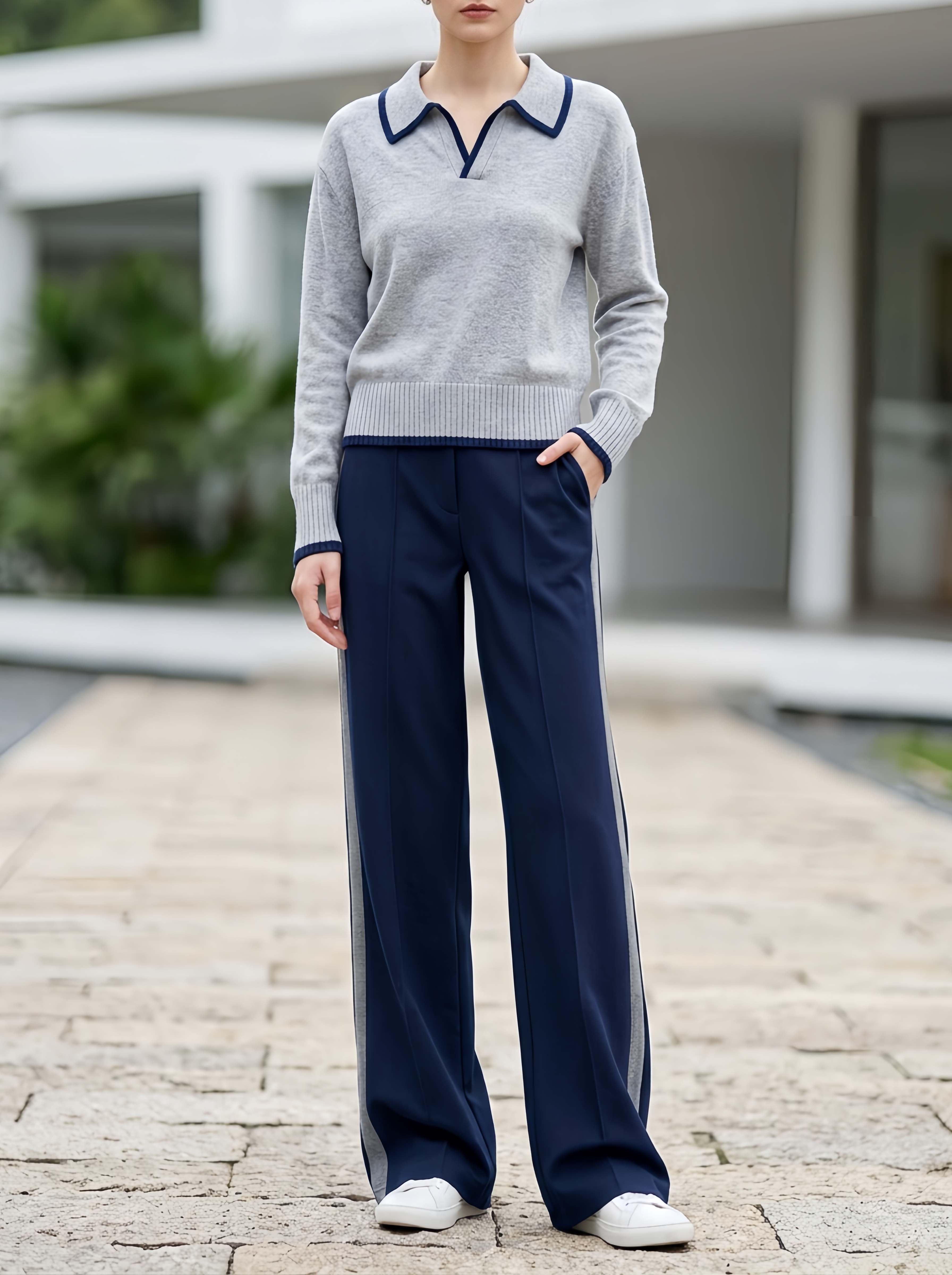 Stylish Casual Grey Long-Sleeve Collared Top And Navy Color-Block Trousers Set
