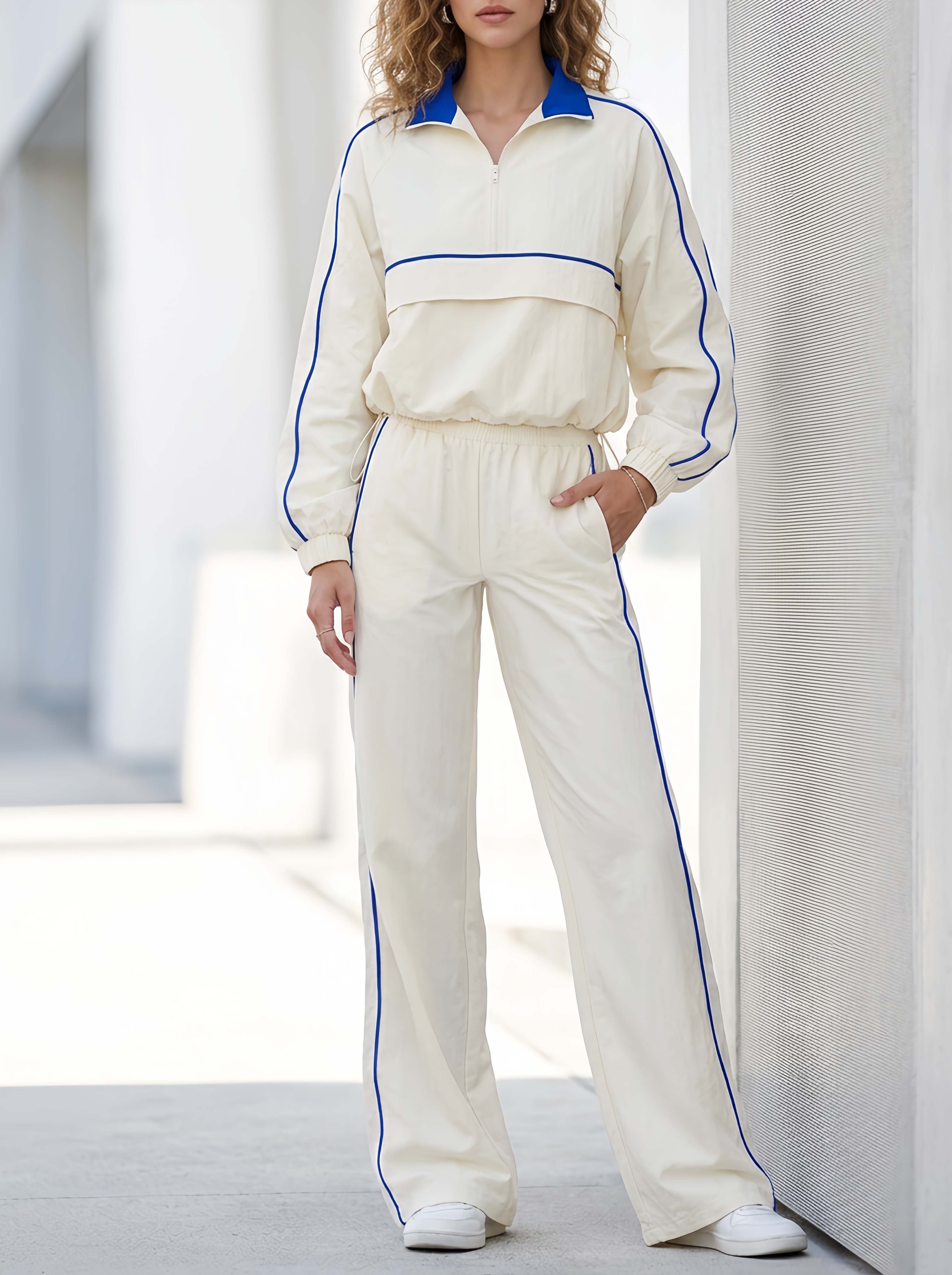 Minimalist Sporty White Long-sleeve Half-zip Top And Pants Set