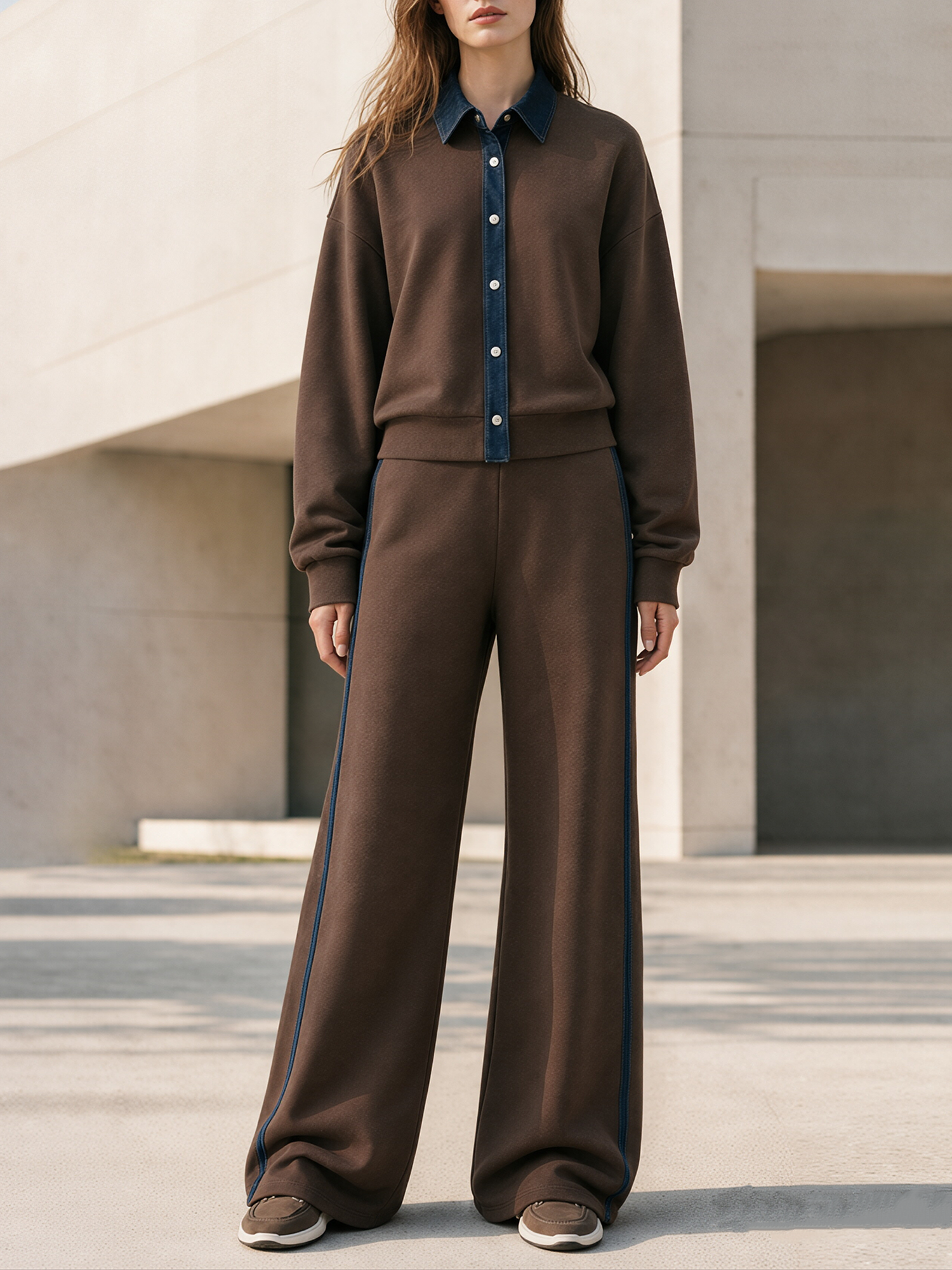 Brown Denim Collar Sweat Top & Side Stripe Wide-Leg Pants Set