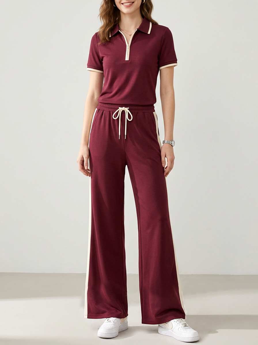 Wine Red Short-sleeved Wide-leg Pant Set With White Trim