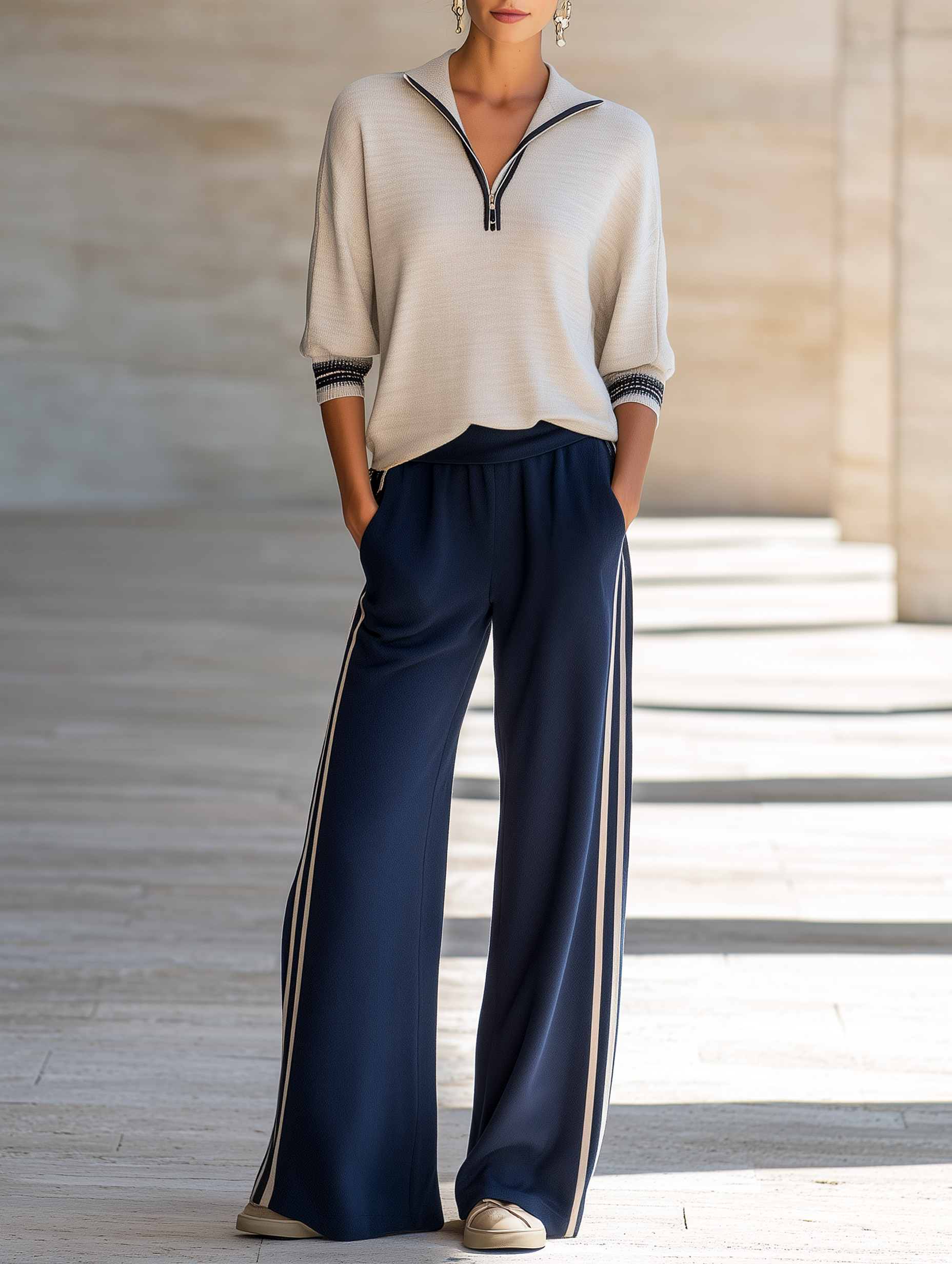 Oatmeal-colored Mid-sleeve Knit Top And Navy Wide-leg Trousers Set