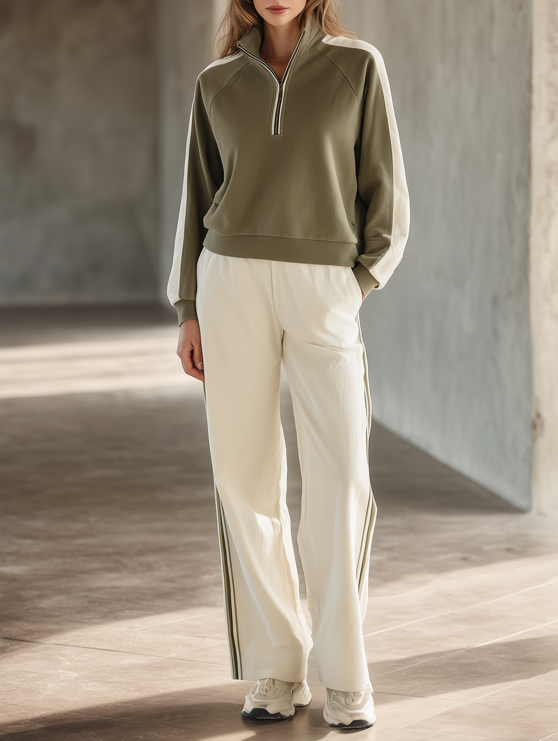 Army Green And White Raglan Sweatshirt And Wide-leg Pants Set
