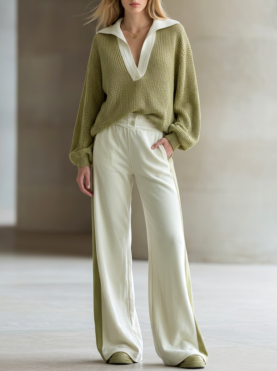 Matcha Green Collared Sweater And Knitted Wide-leg Pants Set