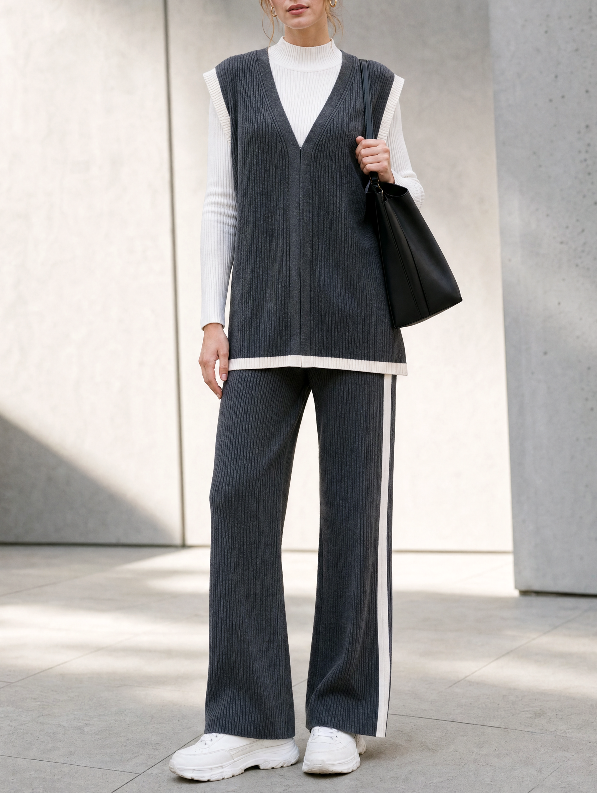 Charcoal V-neck Sweater Vest And Straight-leg Knit Trousers Set