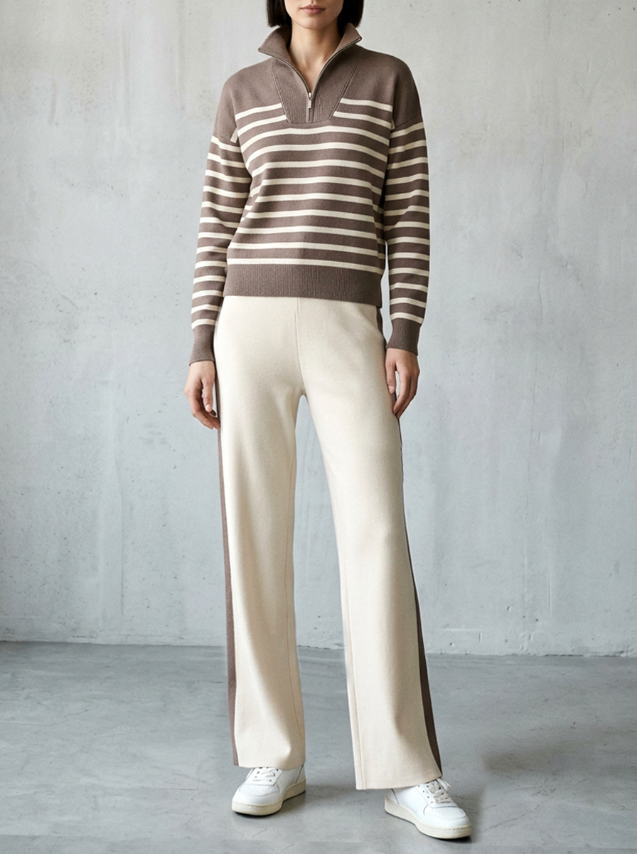 Camel-tone Color-block Striped Knit Top And Wide-leg Trousers Set