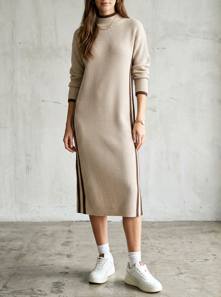 Oatmeal-colored Cable-knit Sweater Dress With Side Slits