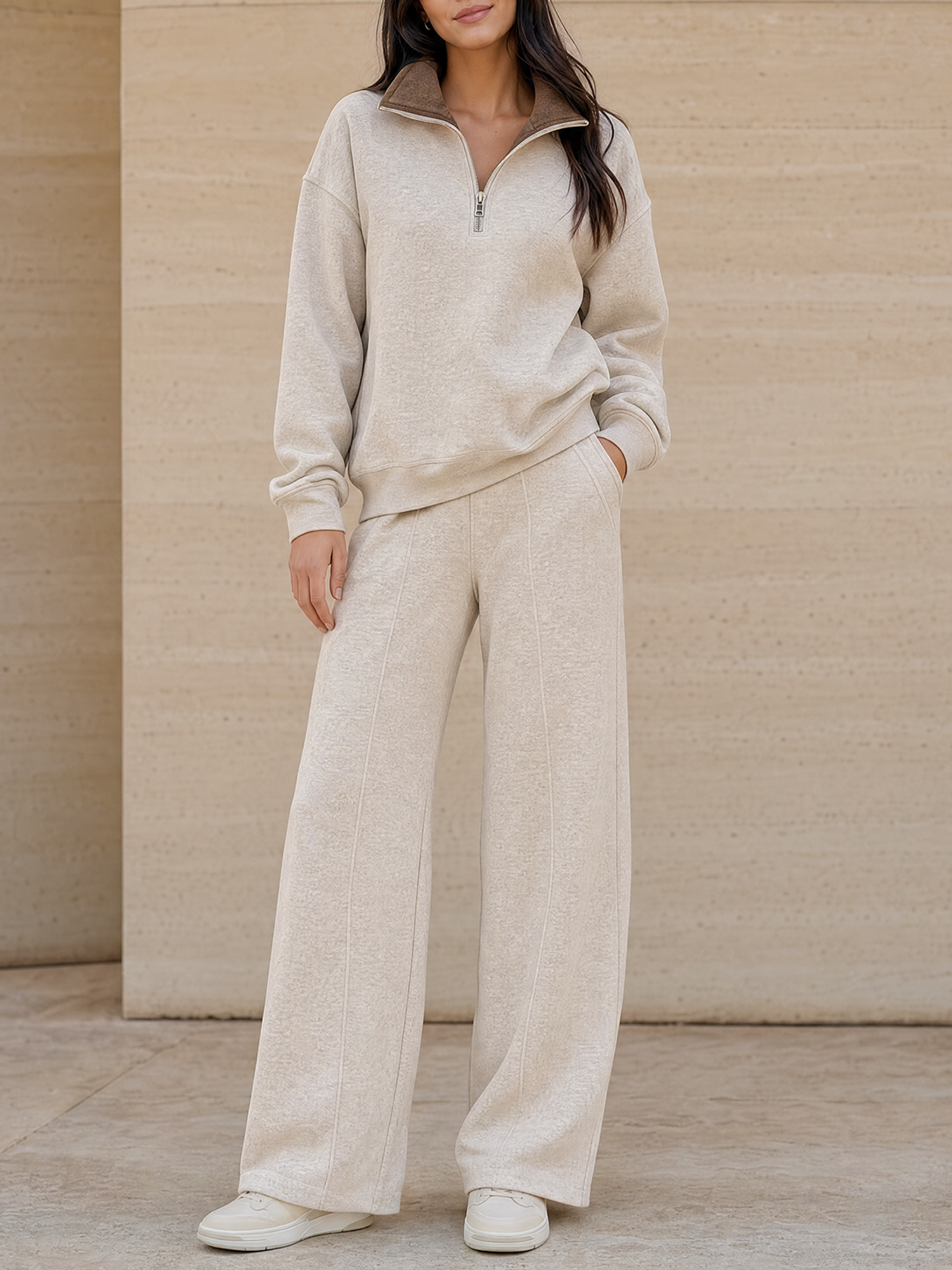 Oatmeal-colored Color-block Collared Half-zip Loose Top And Solid-color Wide-leg Pants Set