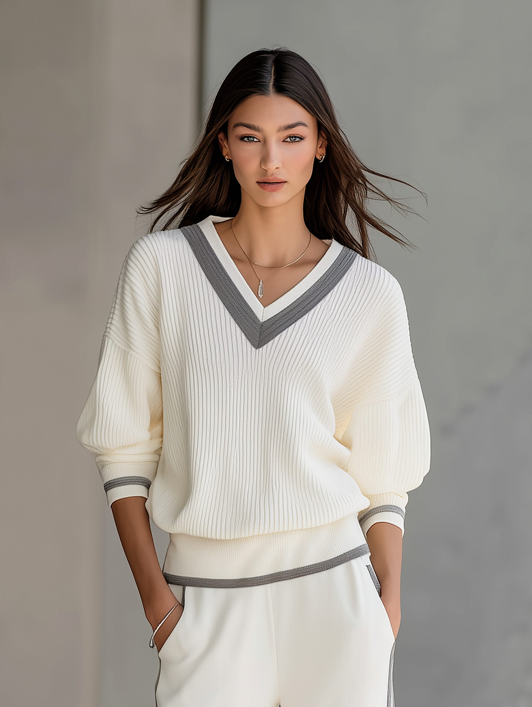 Minimalist V-neck Knit Top With Grey Paneling