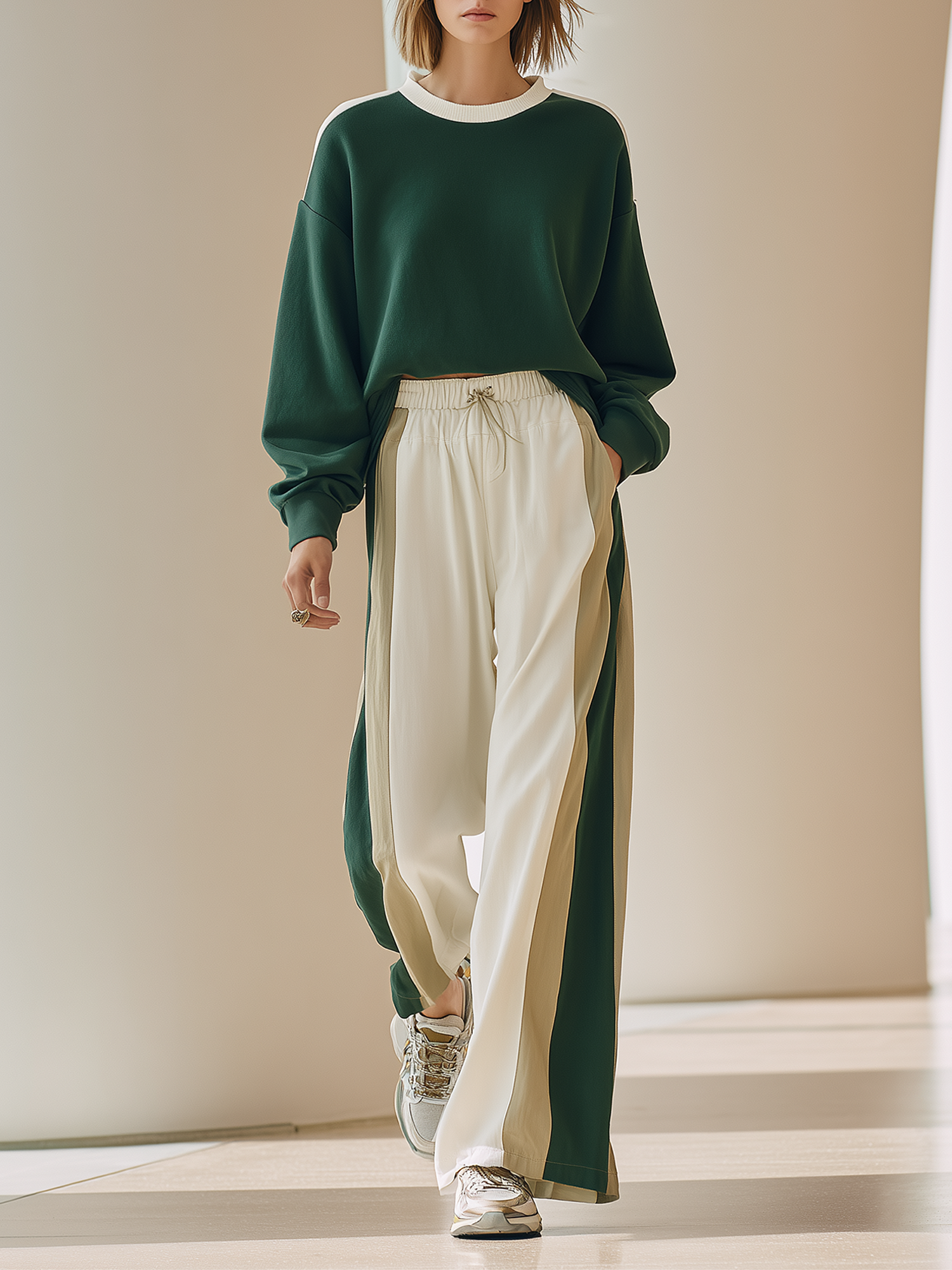 Dark green color-block crew-neck sweatshirt and wide-leg pants set