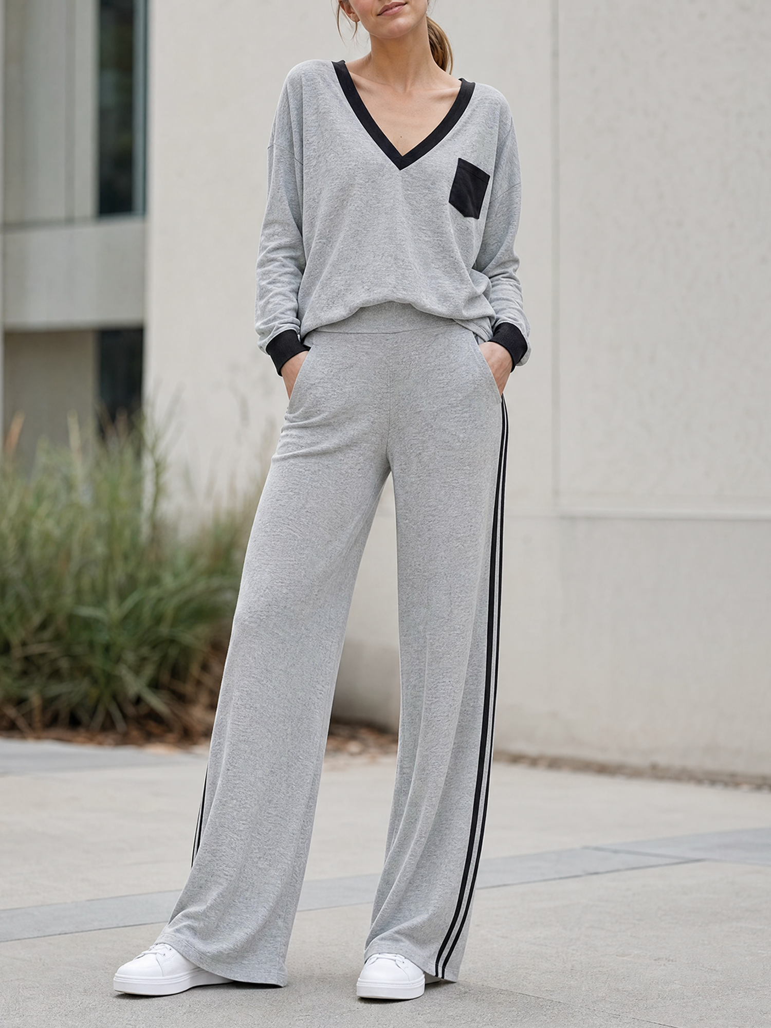 Light grey and black V-neck pocket top and side-stripe wide-leg pants set