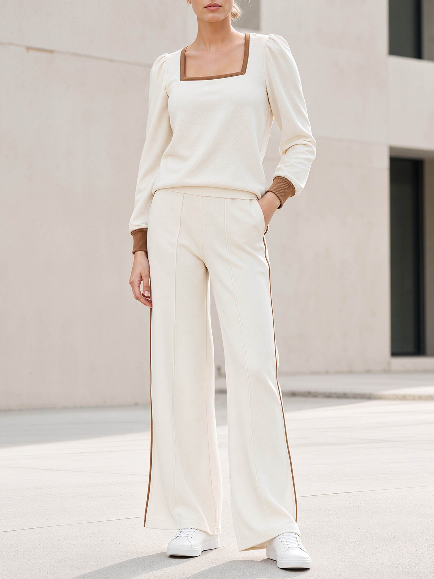 Off-white Color-block Square-neck Puff-sleeve Top And Side-stripe Wide-leg Pants Set