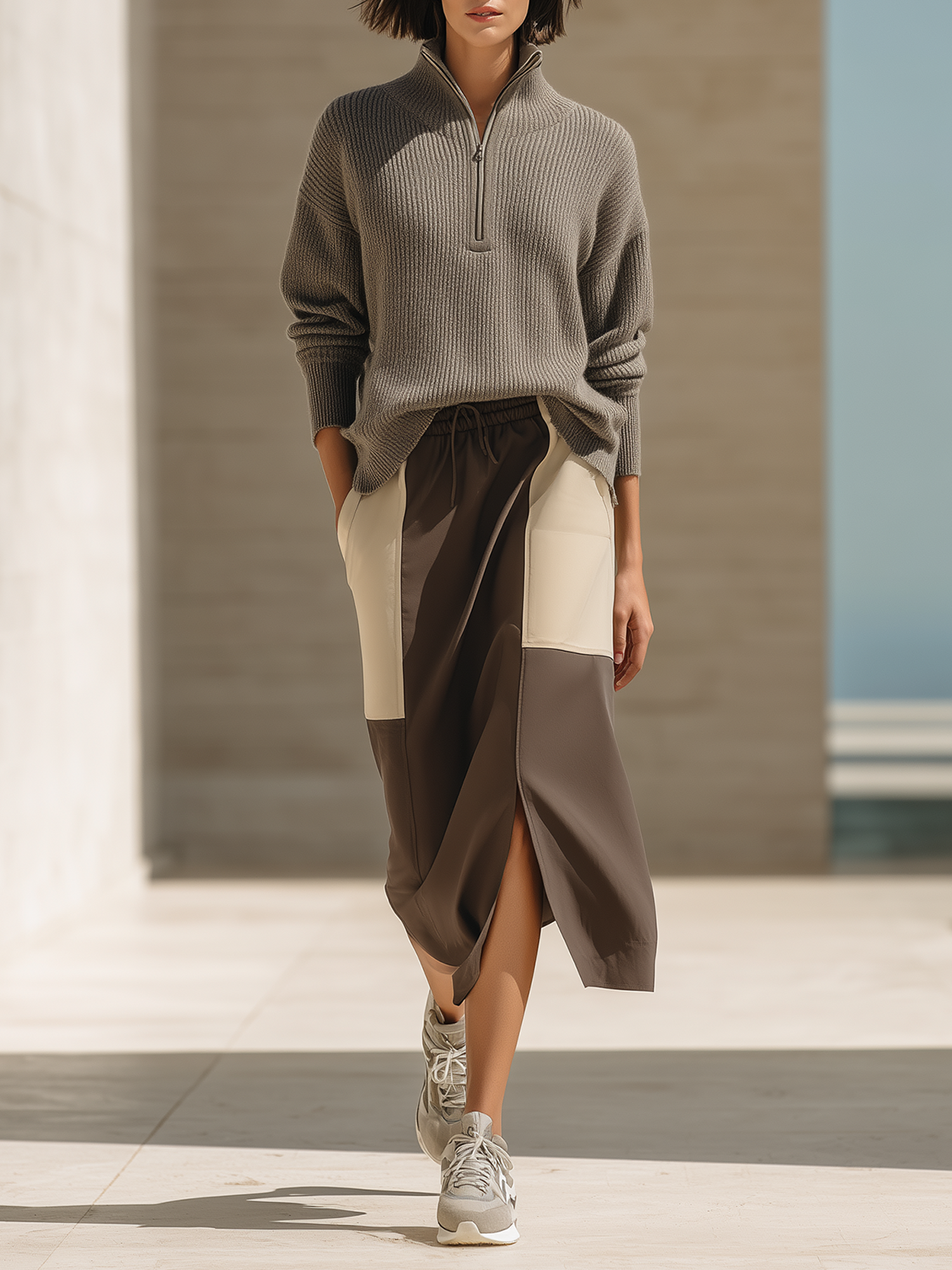 Brown Rib Half-Zip Knit Top & Brown White Color Block Slit Midi Skirt Set