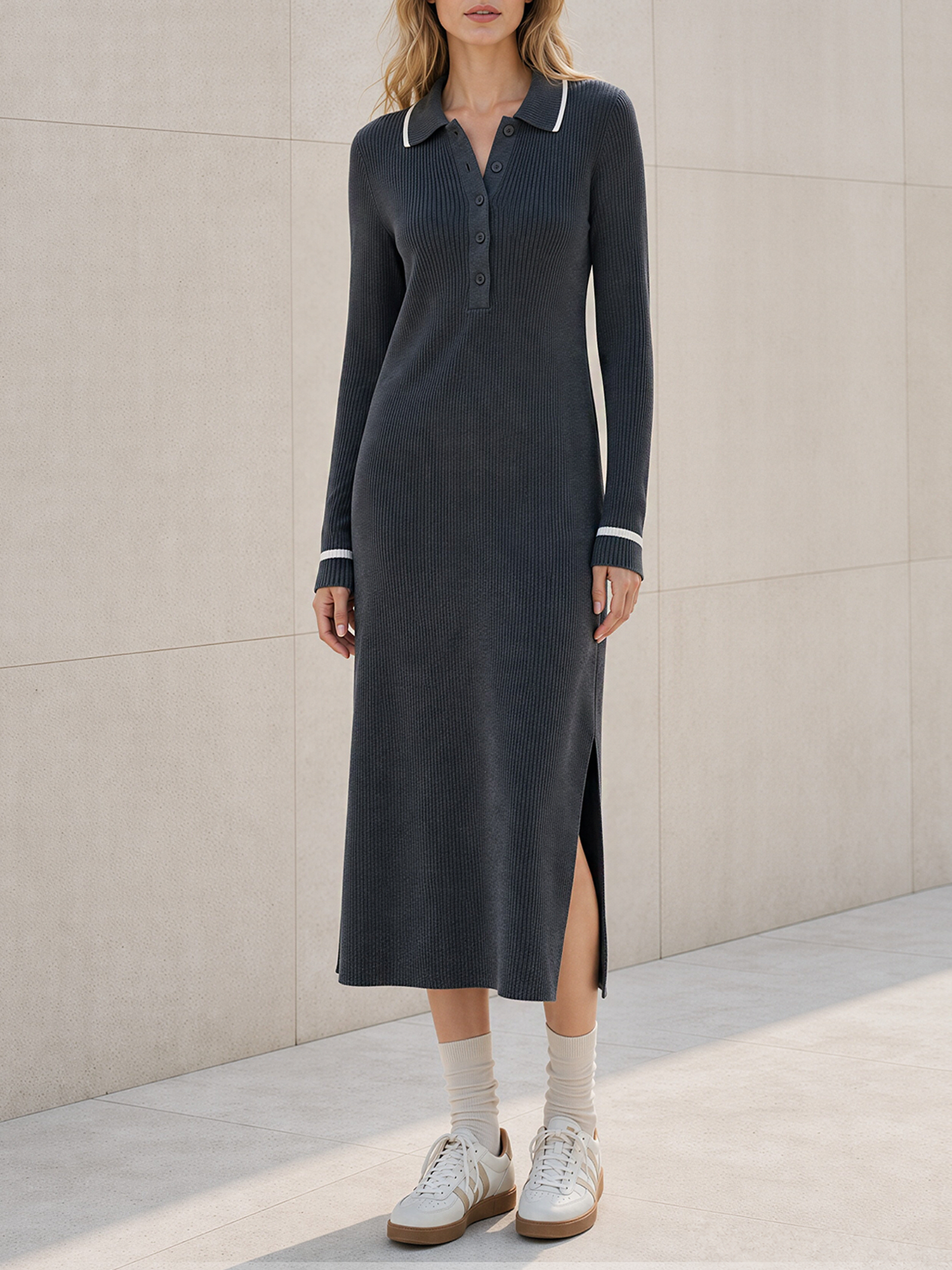 Dark Grey Color-Block Polo-Collar Knit Midi Dress With Side Slits