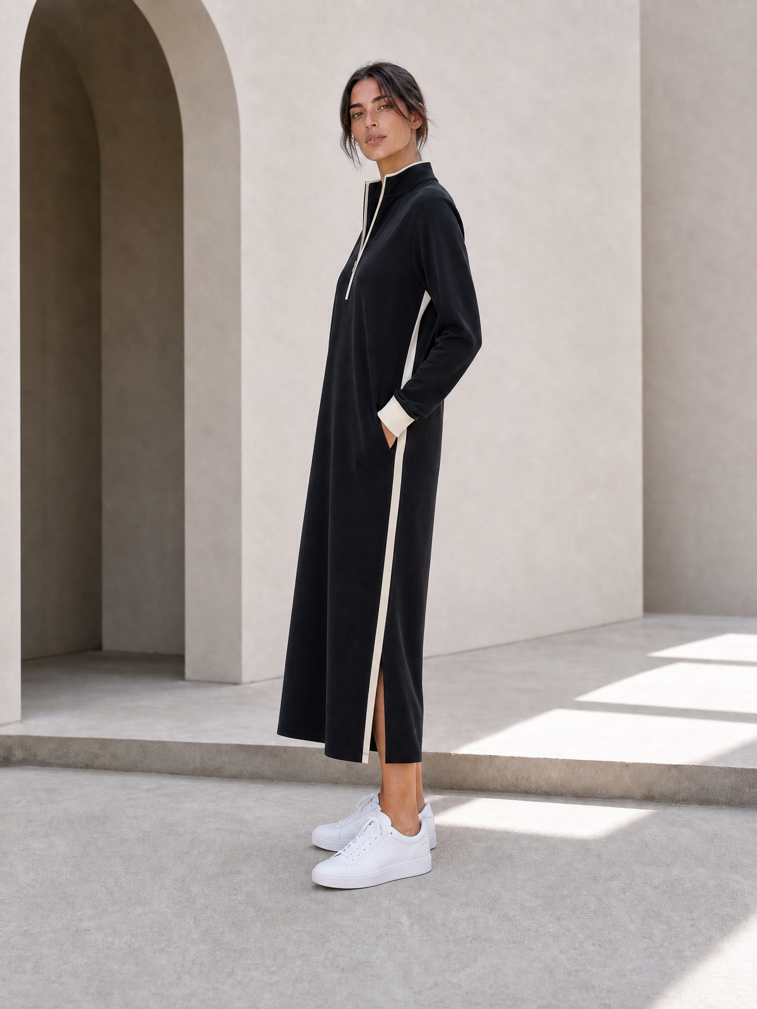 Black White Trim Half-Zip Stand Collar Side Slit Midi Sweat Dress