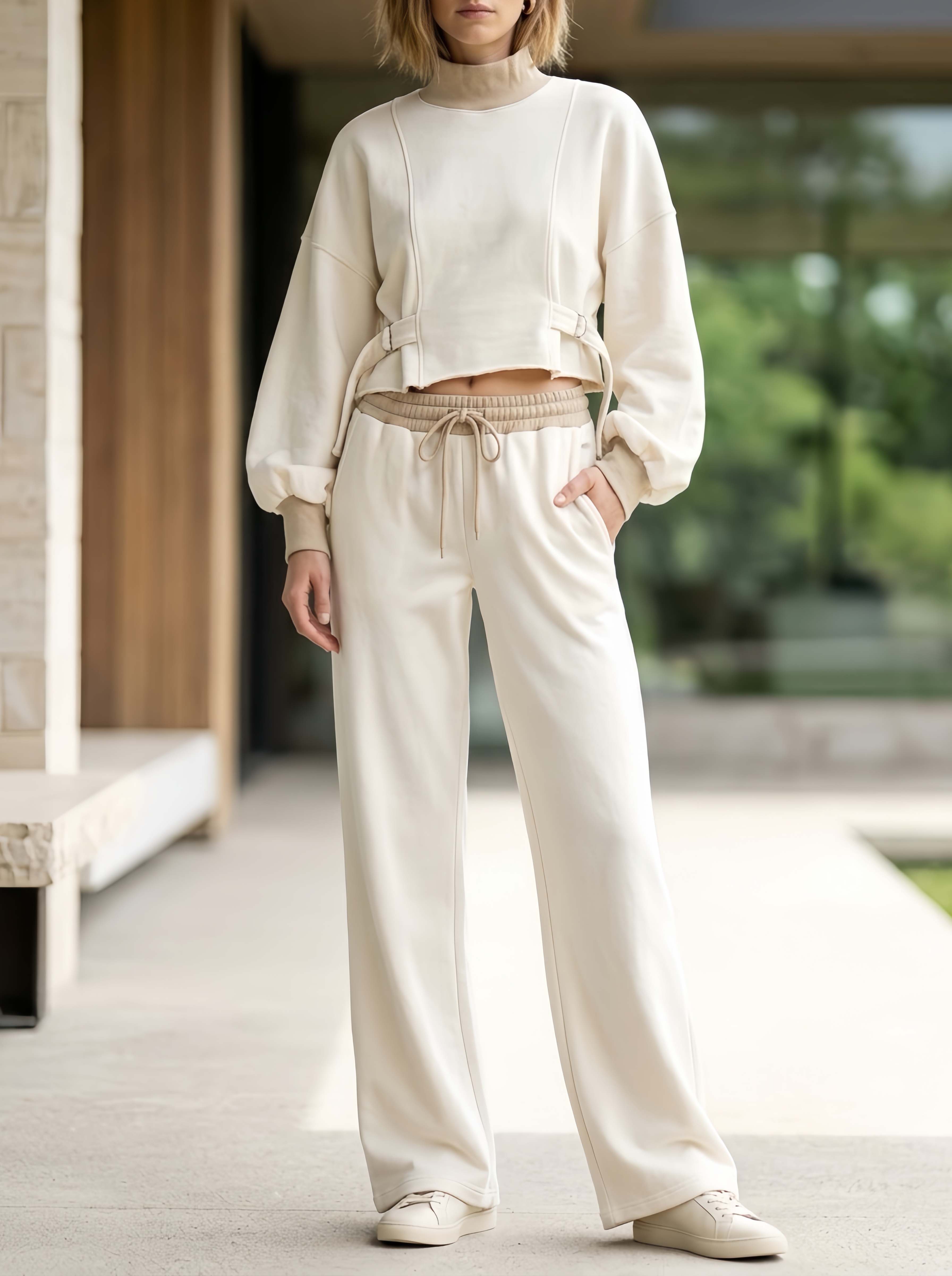 Stylish And Minimalist Off-white Long-sleeved High-neck Top And Trousers Casual Set