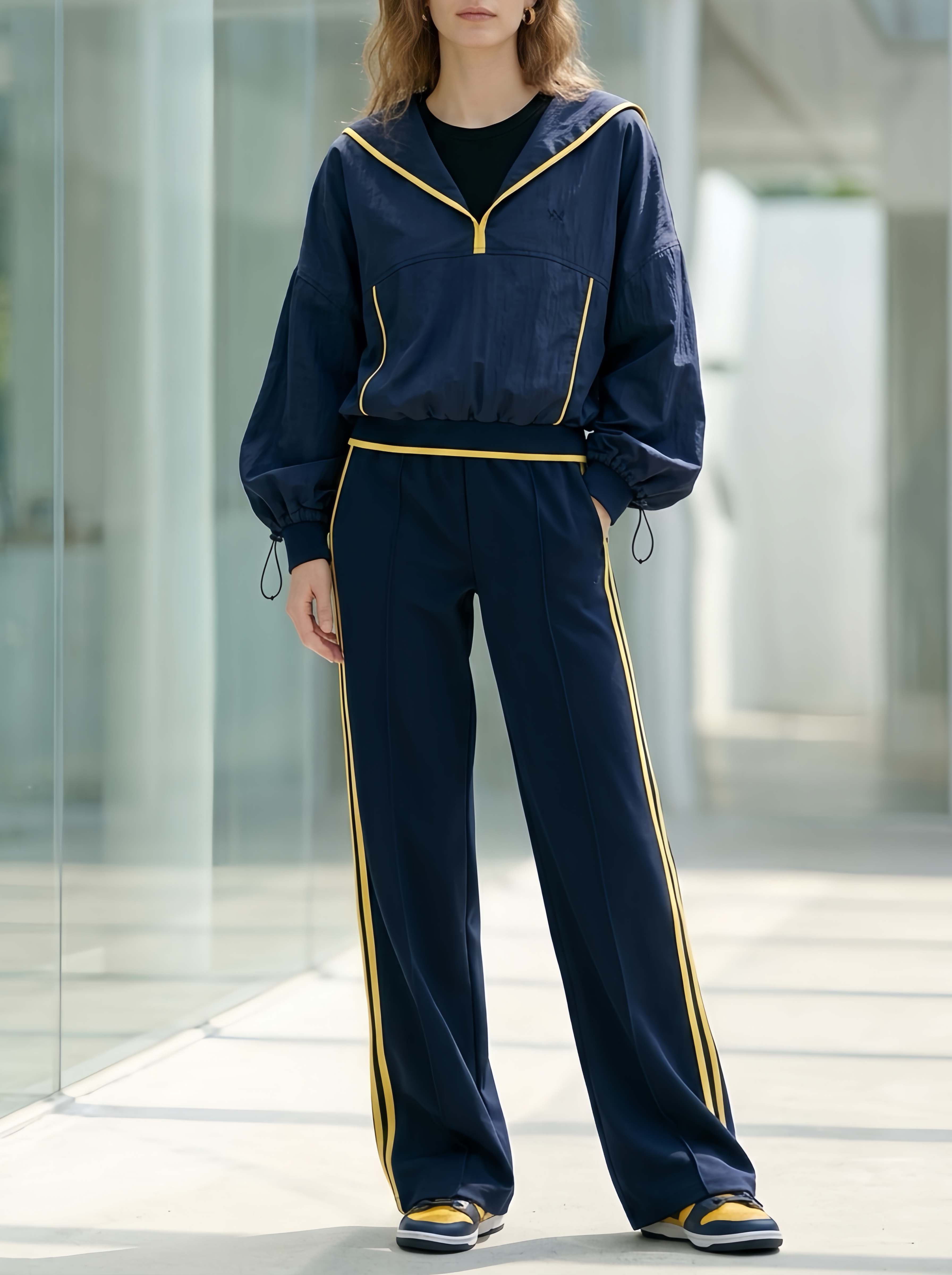 Stylish Sporty Navy Blue Long-sleeved Top And Trousers Casual Set