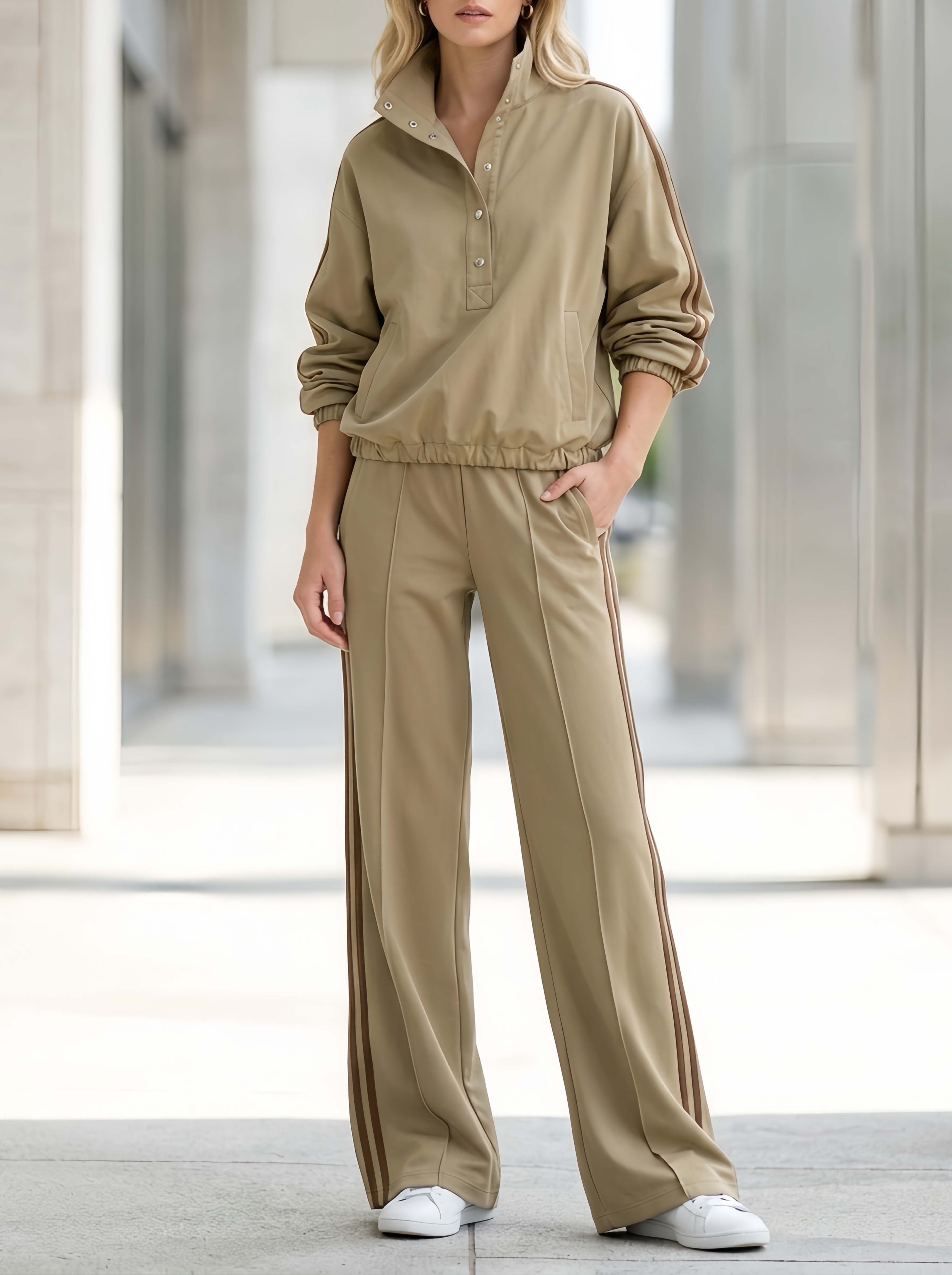 Minimalist Sporty Khaki Long-sleeve Mock-neck Top And Trousers Matching Set