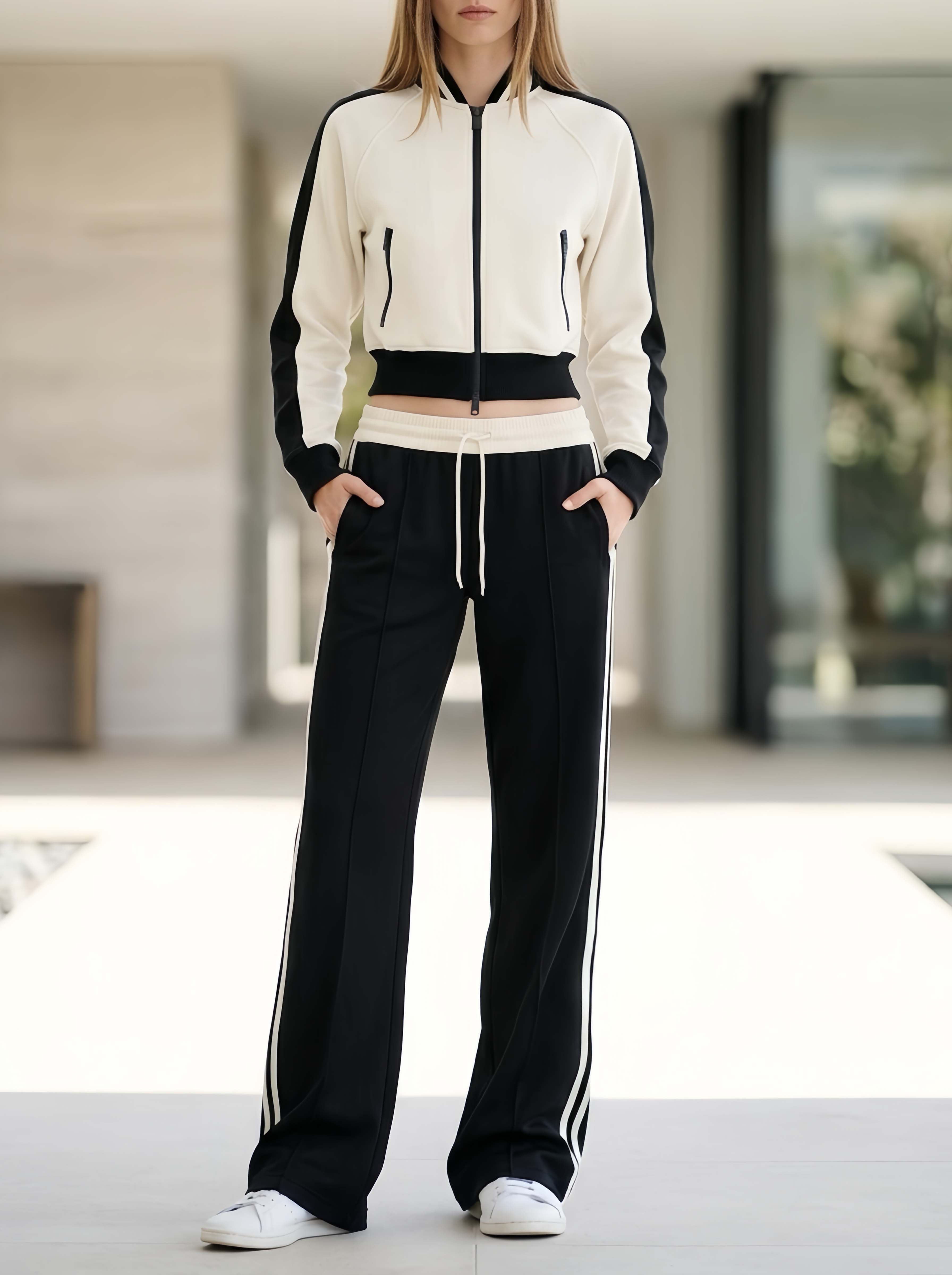 Stylish Black And Off-white Color-block Long-sleeve Jacket And Trousers Casual Set