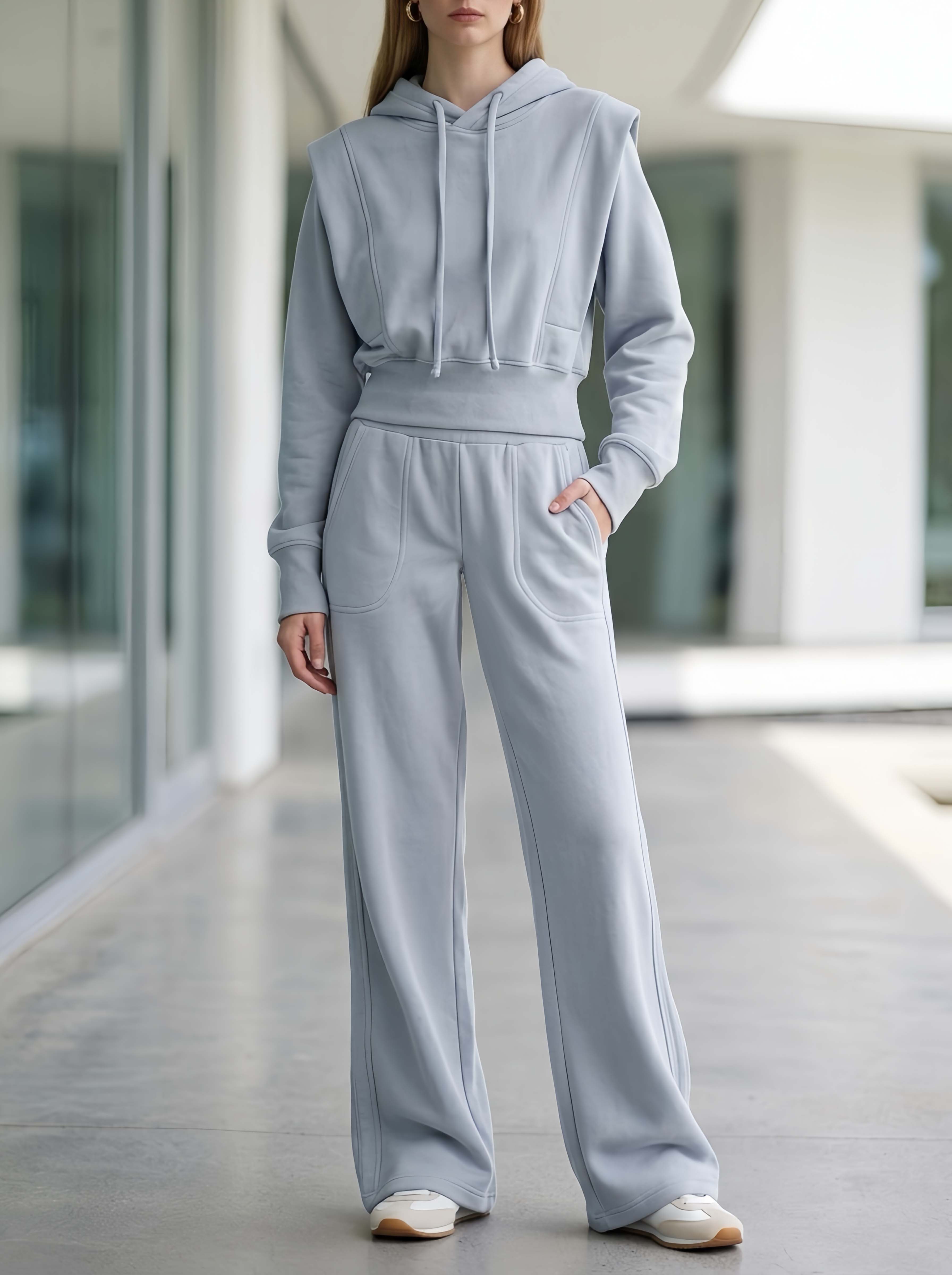 Minimalist Chic Solid Grey Hooded Sweatshirt And Joggers Casual Set