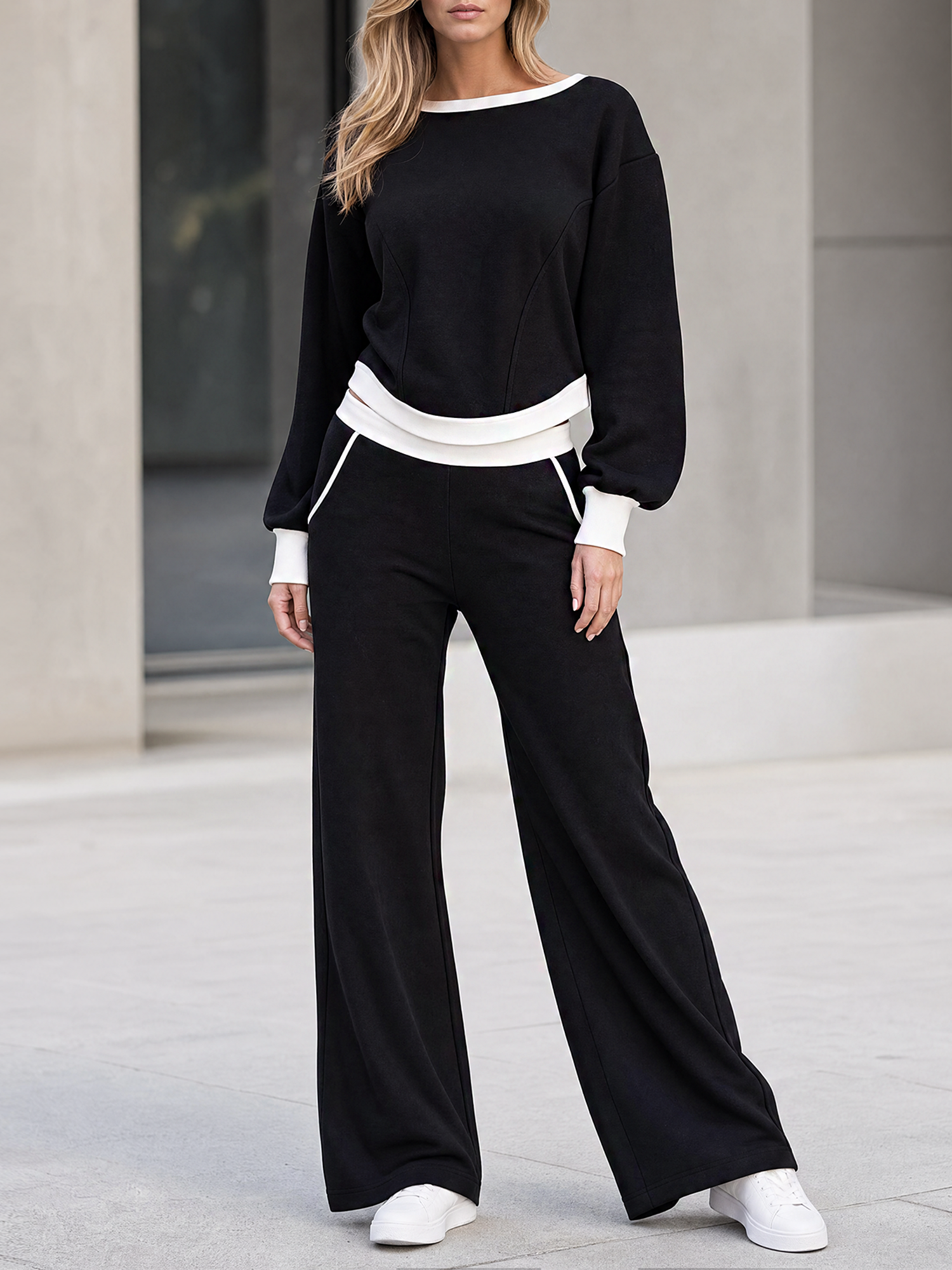 Black White Contrast Boat Neck Cutout Top & Side Stripe Wide-Leg Pants Set