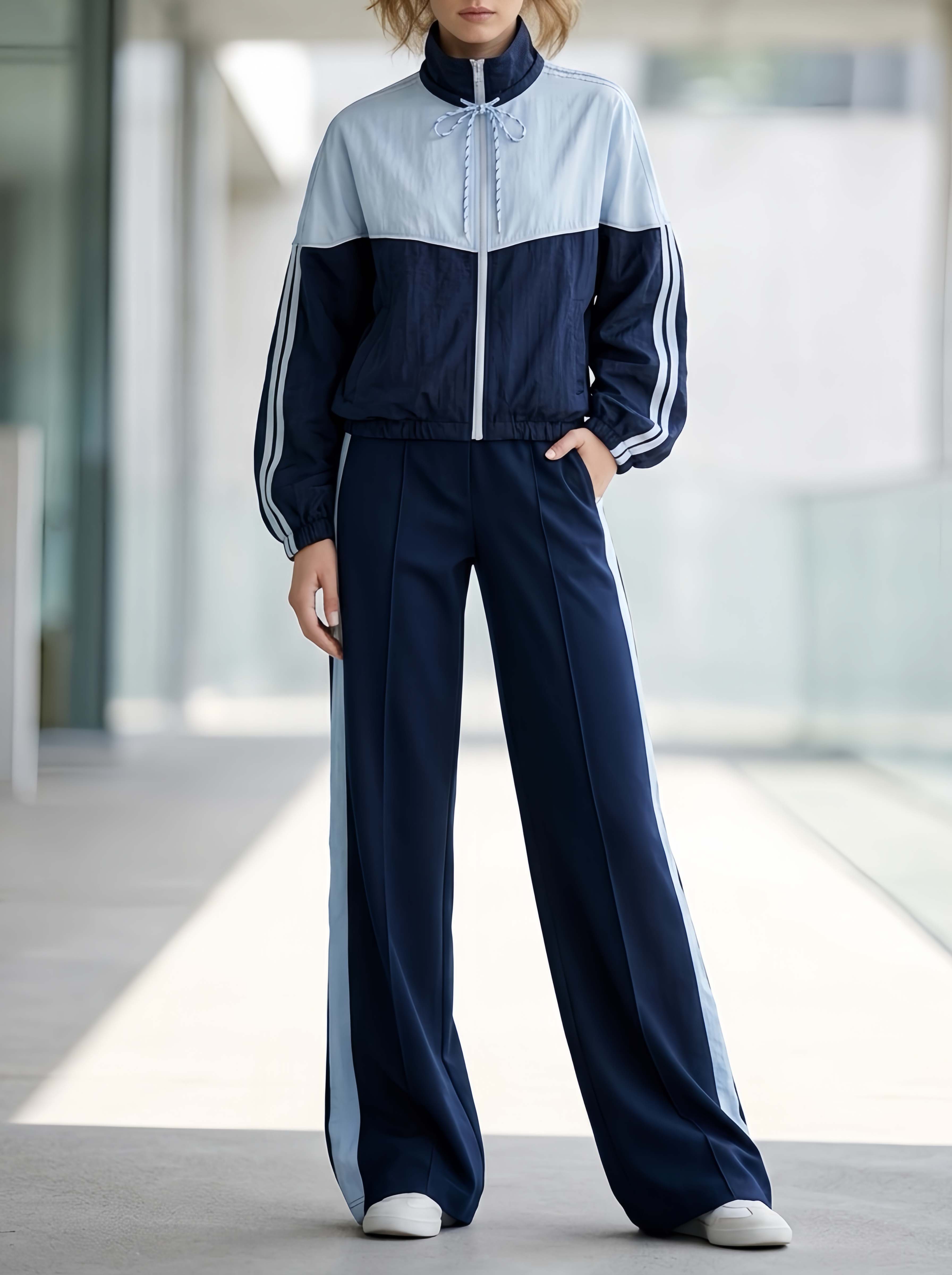 Stylish Sporty Navy Blue Color-block Long-sleeve Top And Pants Casual Set
