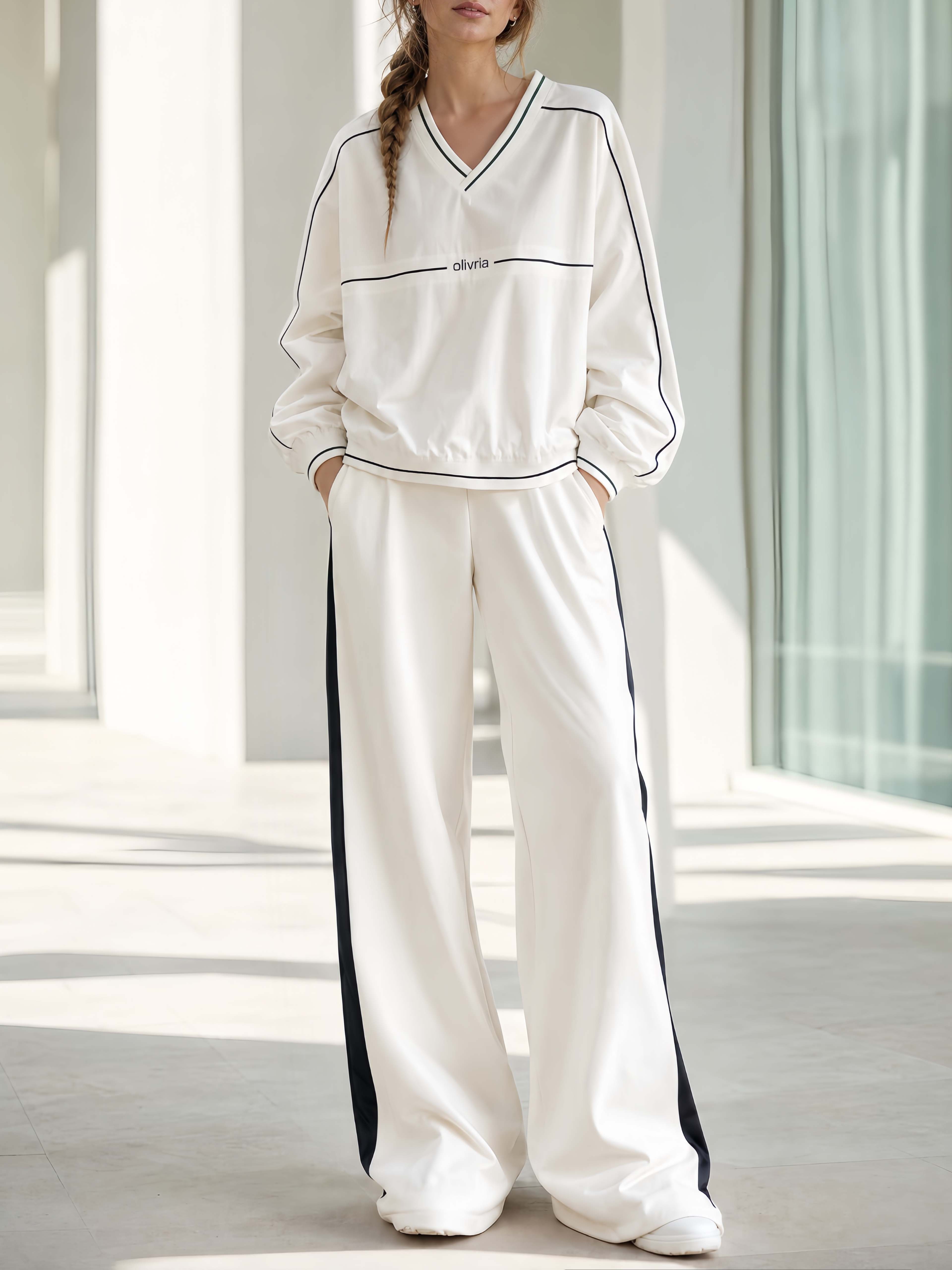 Sporty-chic White V-neck Long-sleeve Top And Color-block Trousers Set