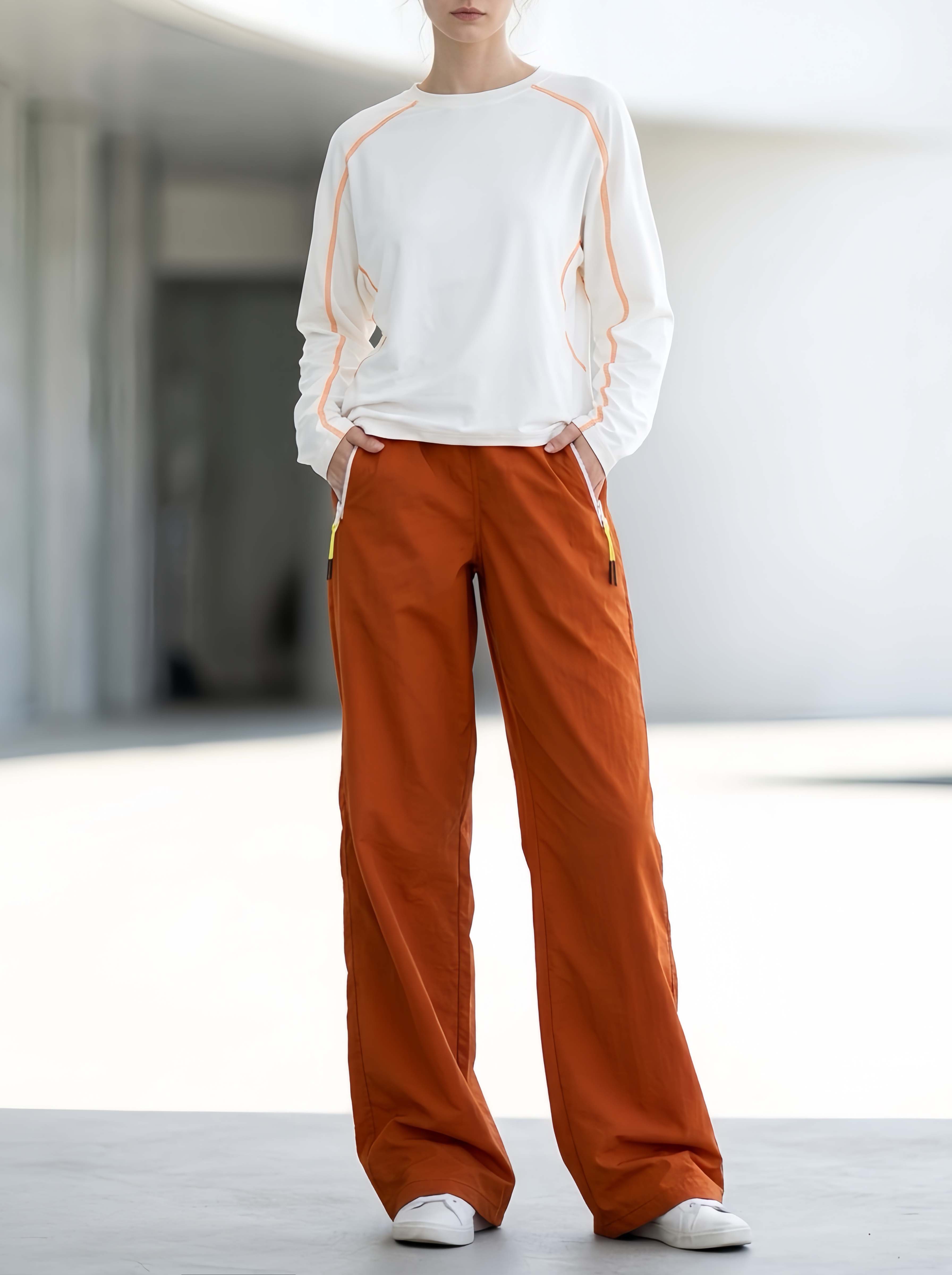 Athleisure-style White Long-sleeved Top And Orange Trousers Set