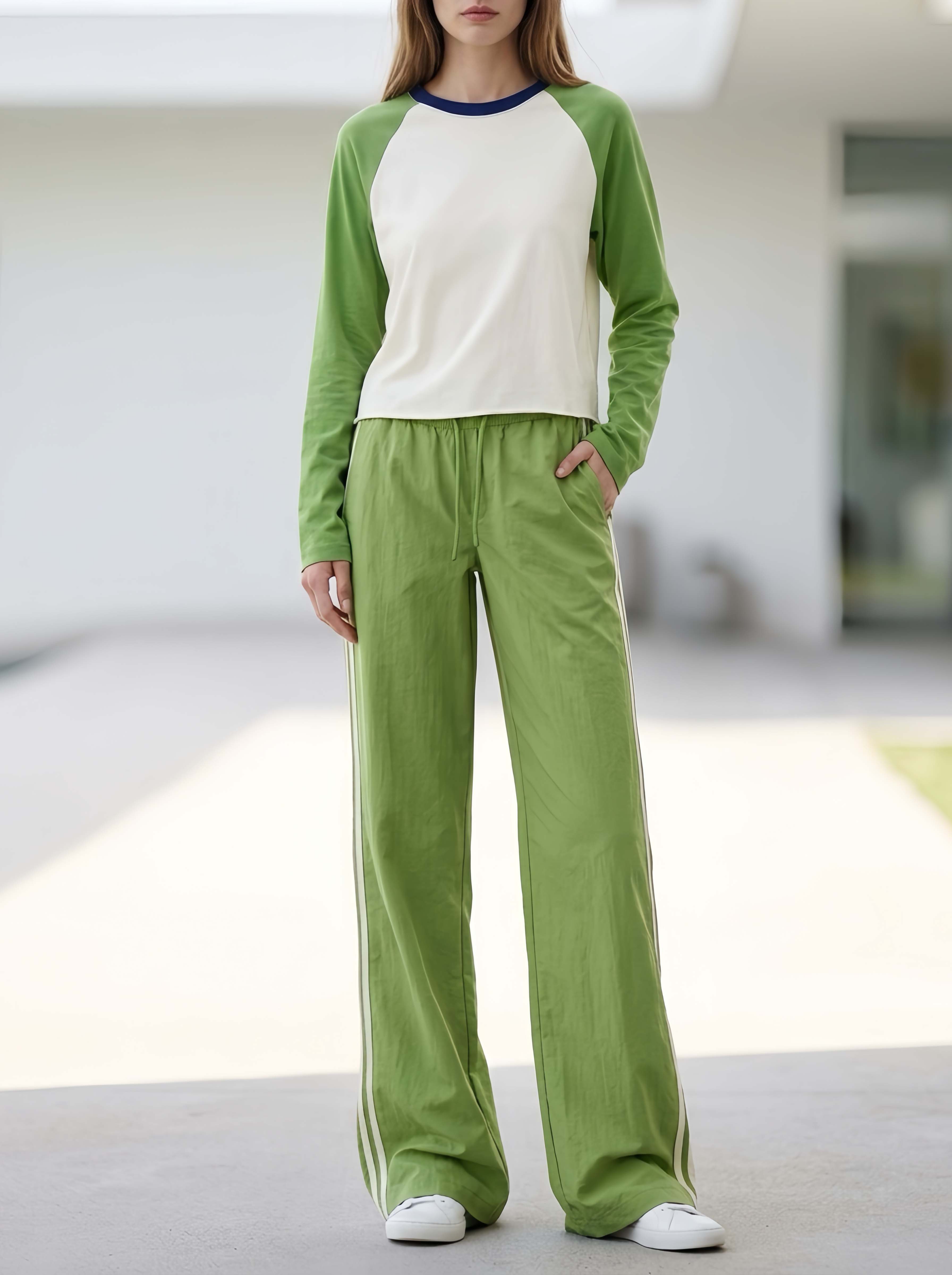 Stylish And Casual White And Green Color-block Long-sleeve Top And Trousers Set
