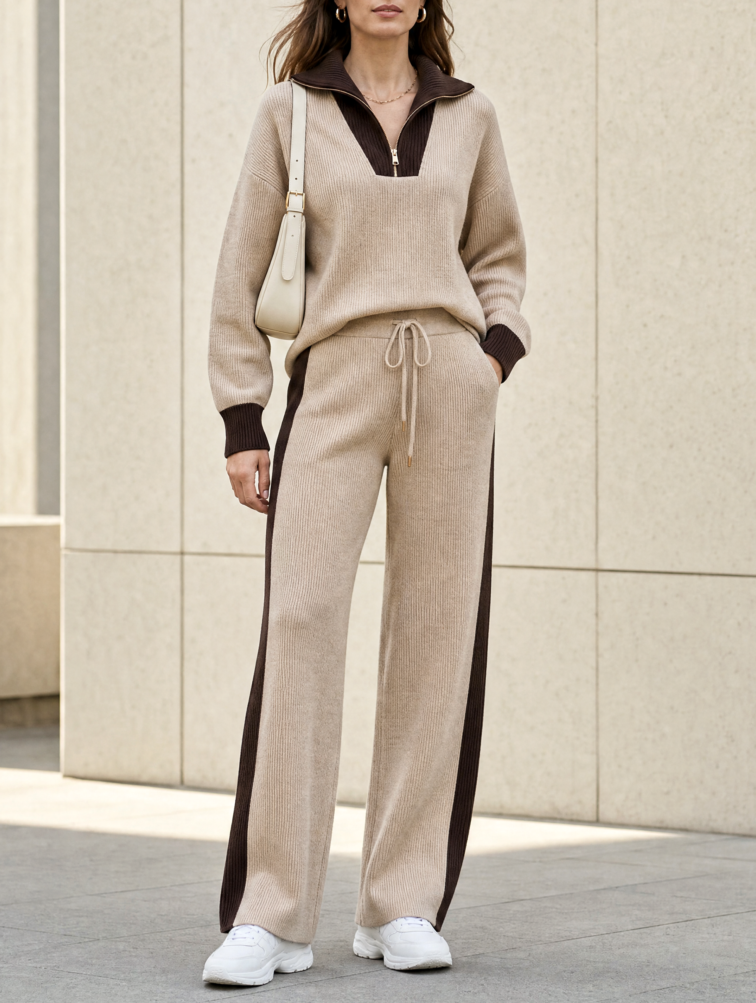 Oatmeal-colored Ribbed Knit Top And Straight-leg Ribbed Trousers Set