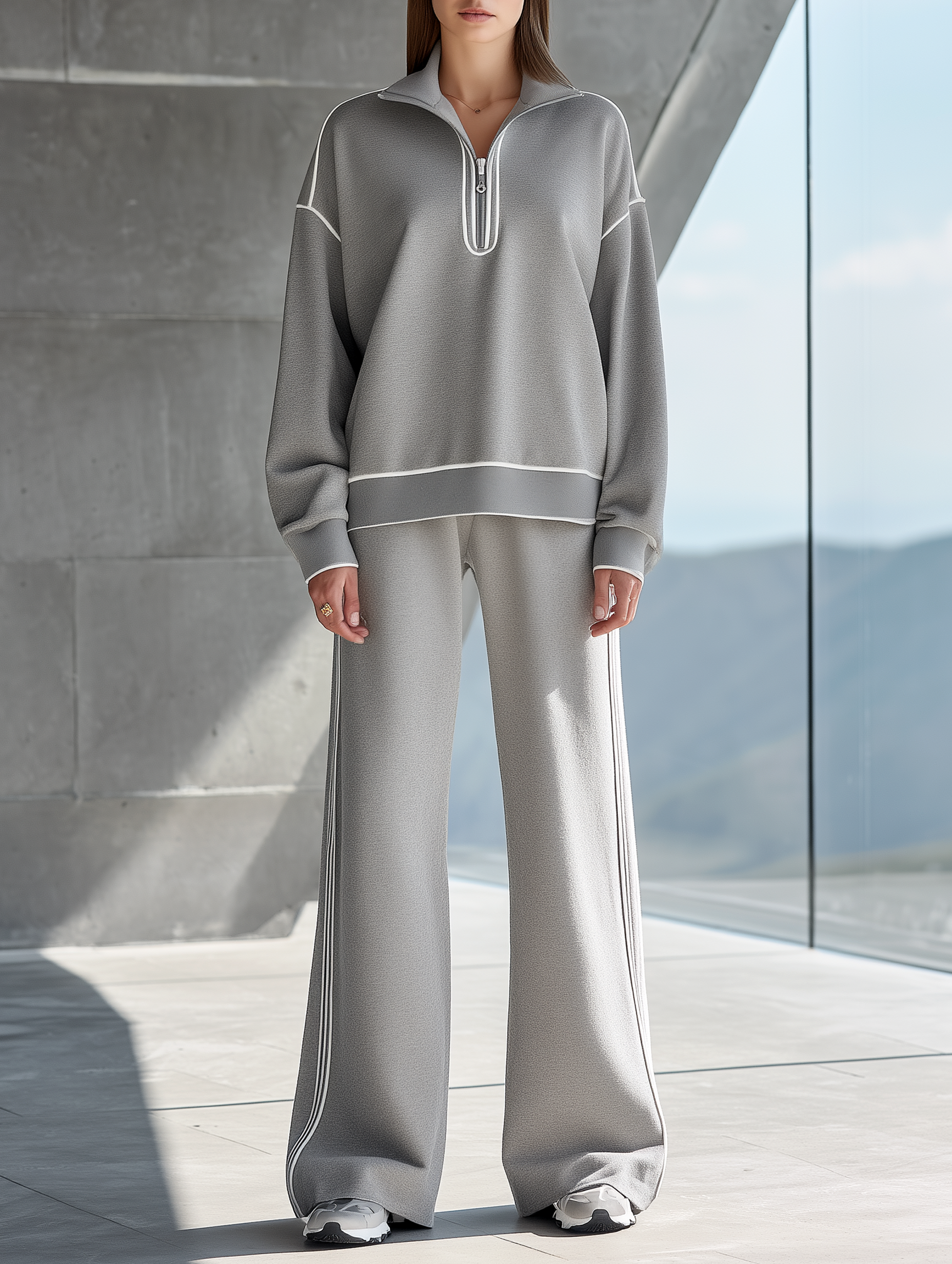 Grey Half-zip Mock-neck Top And Wide-leg Trousers Set