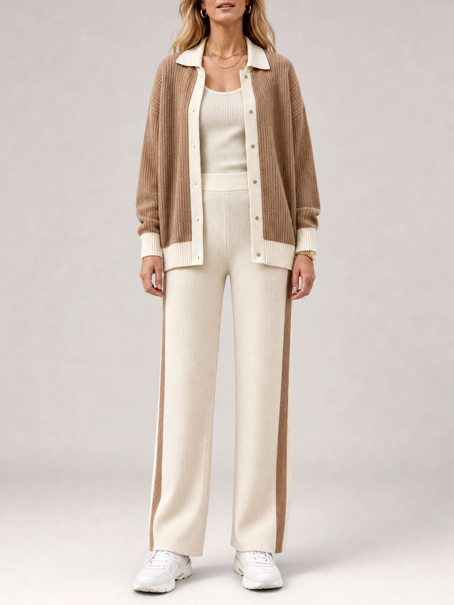 Camel And White Color-block Cardigan And Wide-leg Trousers Set