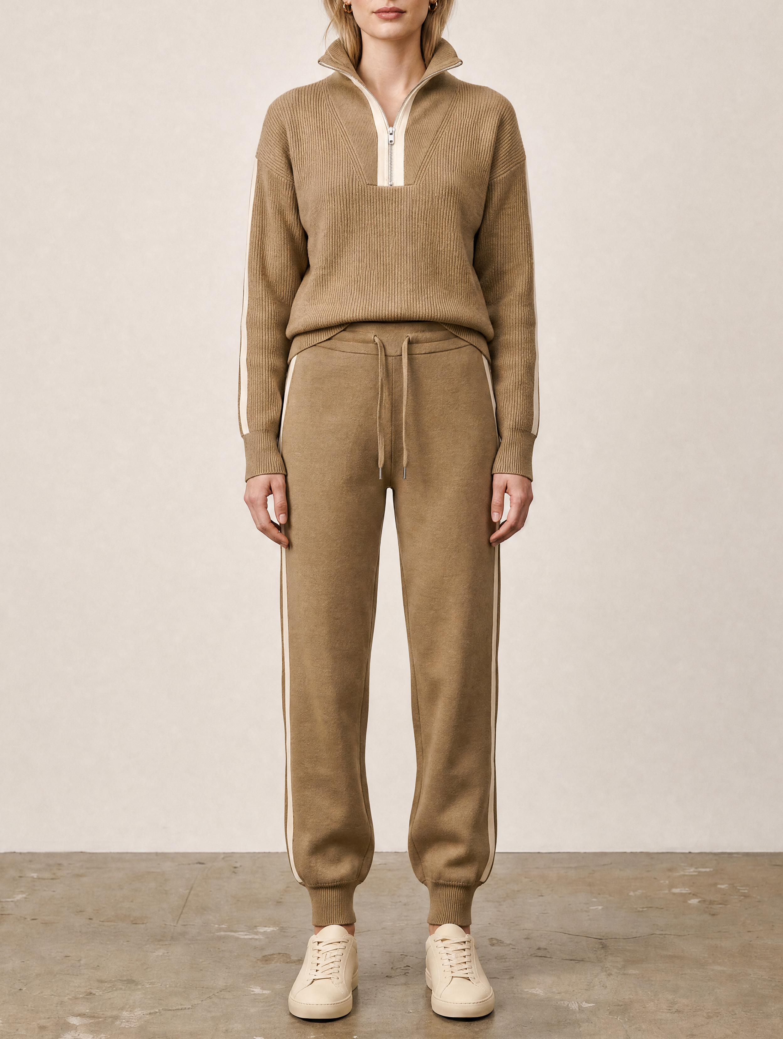 Camel Half-zip Mock-neck Sweater And Cuffed Joggers Set
