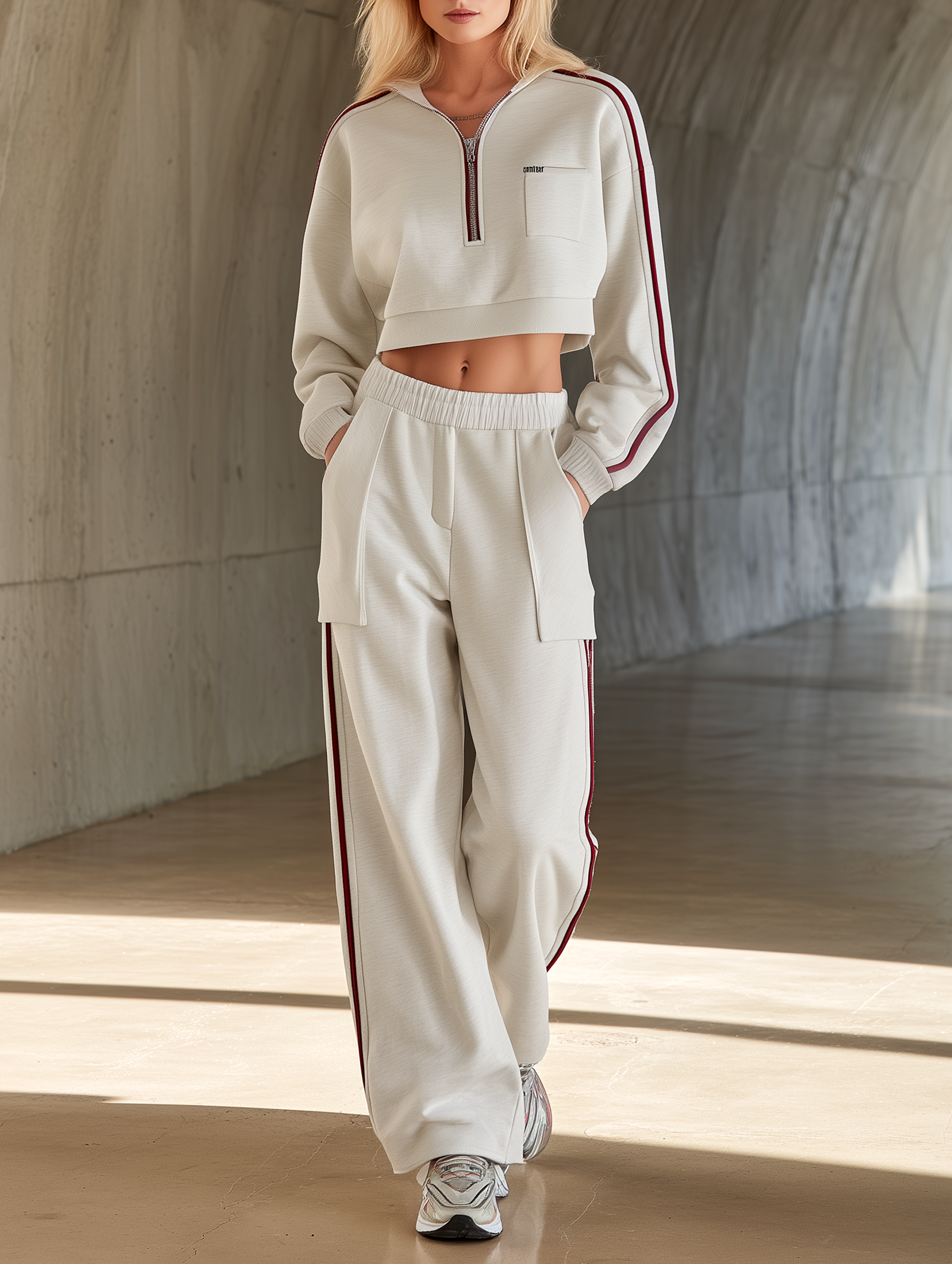 Light Gray Half-zip Sweatshirt And Straight-leg Pants SetStripes.